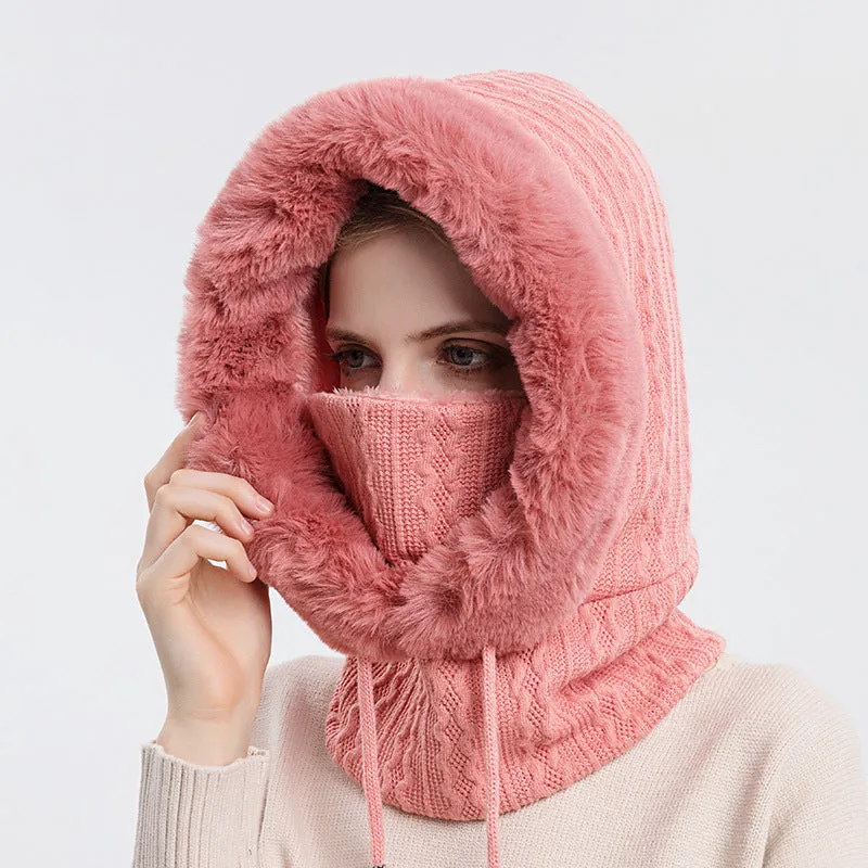 Knitted Warm Fleece Beanies Hats Women Winter Hooded Scarf Windproof Hat