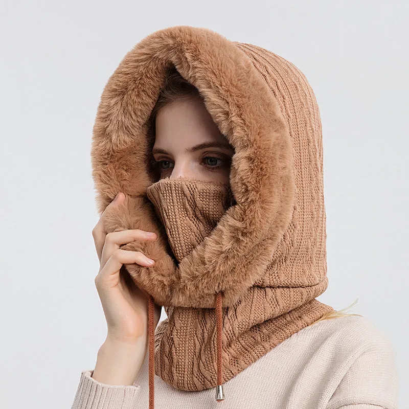 Knitted Warm Fleece Beanies Hats Women Winter Hooded Scarf Windproof Hat