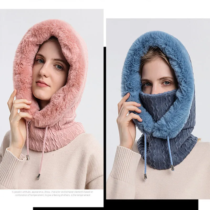 Knitted Warm Fleece Beanies Hats Women Winter Hooded Scarf Windproof Hat