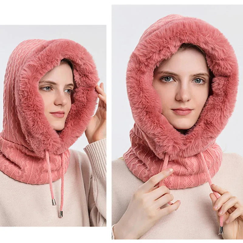 Knitted Warm Fleece Beanies Hats Women Winter Hooded Scarf Windproof Hat