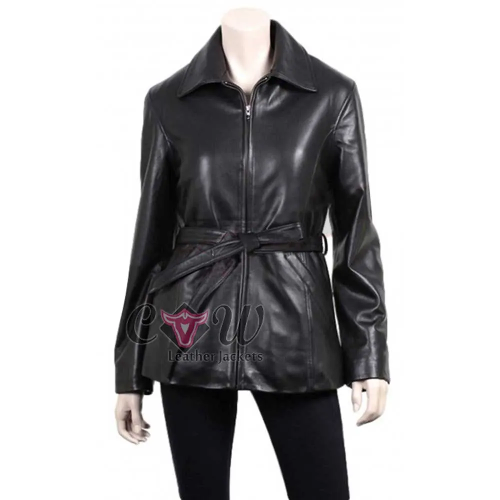 Ladies Slim Fit Black Leather Blazer