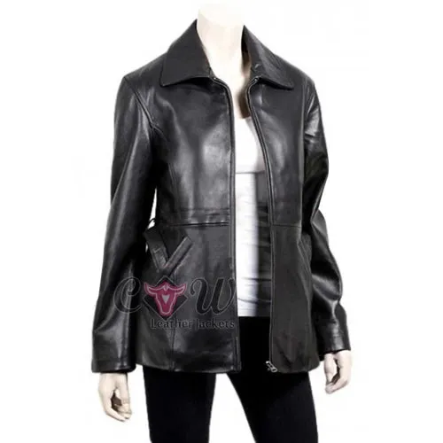 Ladies Slim Fit Black Leather Blazer