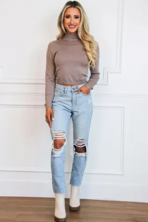 Lillian Mock Neck Cropped Lightweight Sweater: Mocha