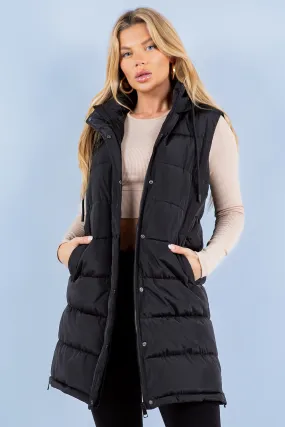 Long Black Puffer Vest w/ Hood