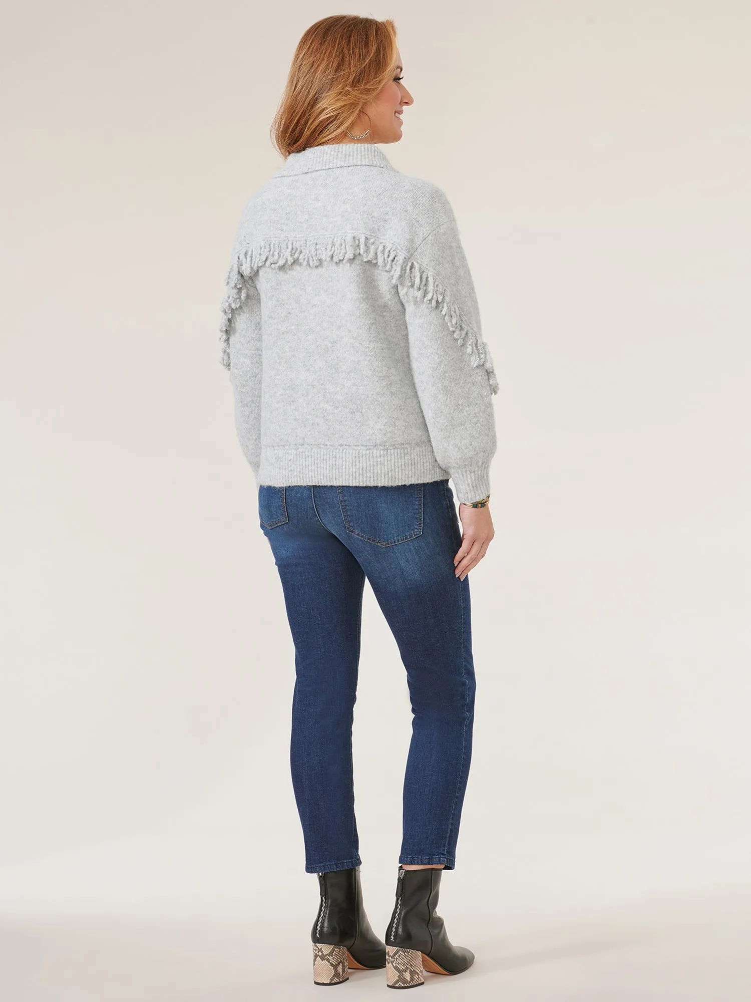 Long Blouson Sleeve Johnny Collar Cascading Fringe Sweater