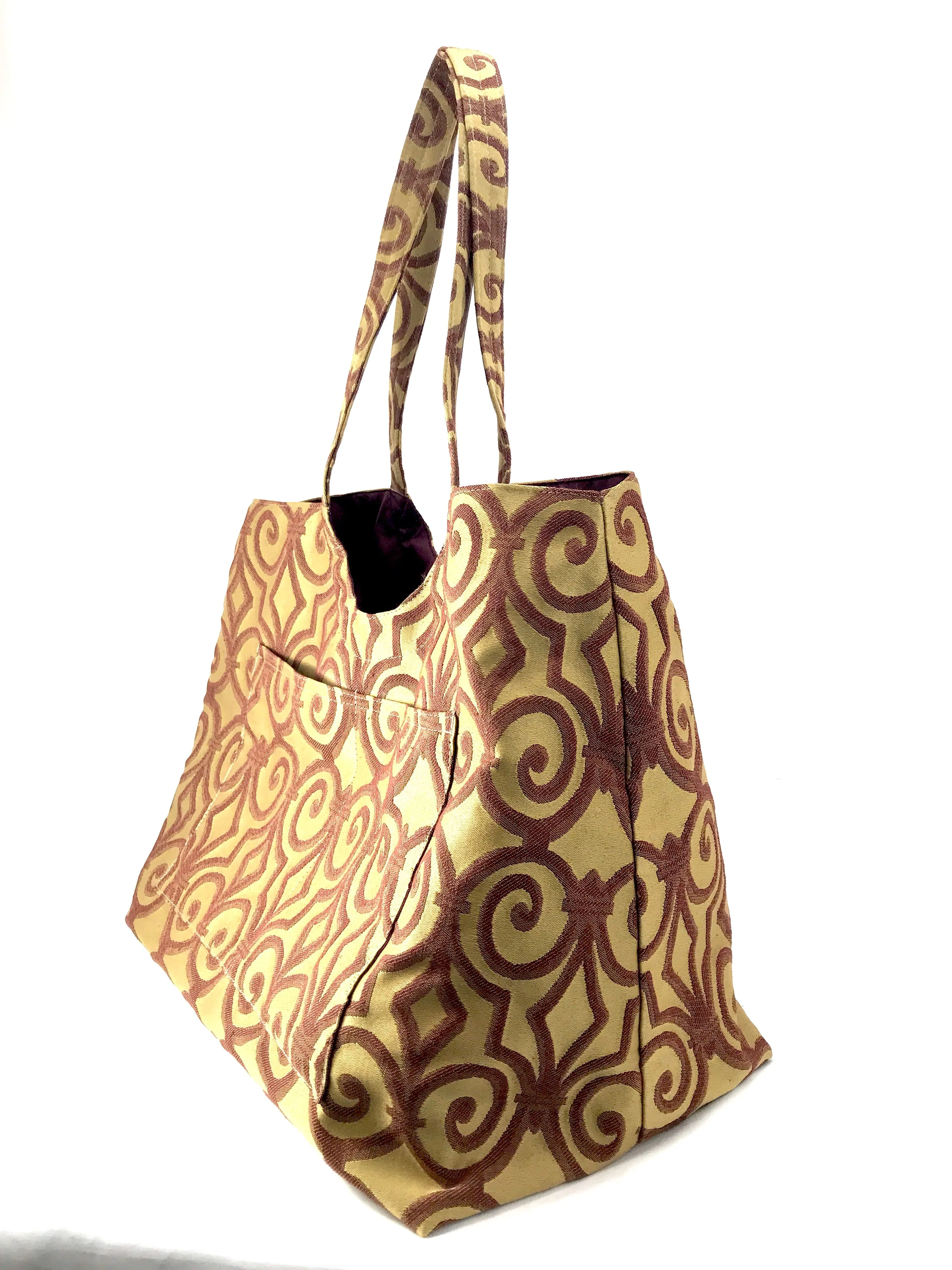 Magnum Tote in Bronze and Burgundy Scroll Jacquard