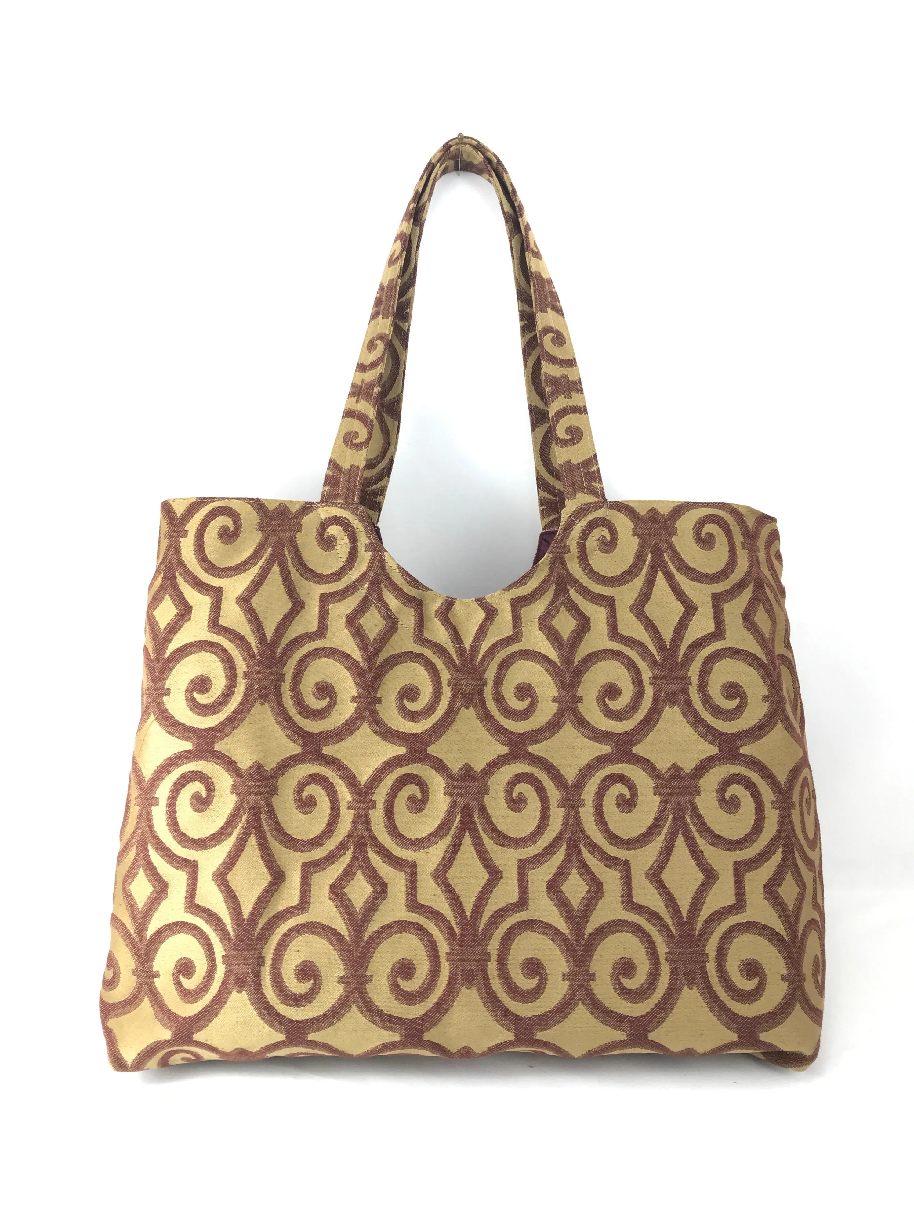 Magnum Tote in Bronze and Burgundy Scroll Jacquard