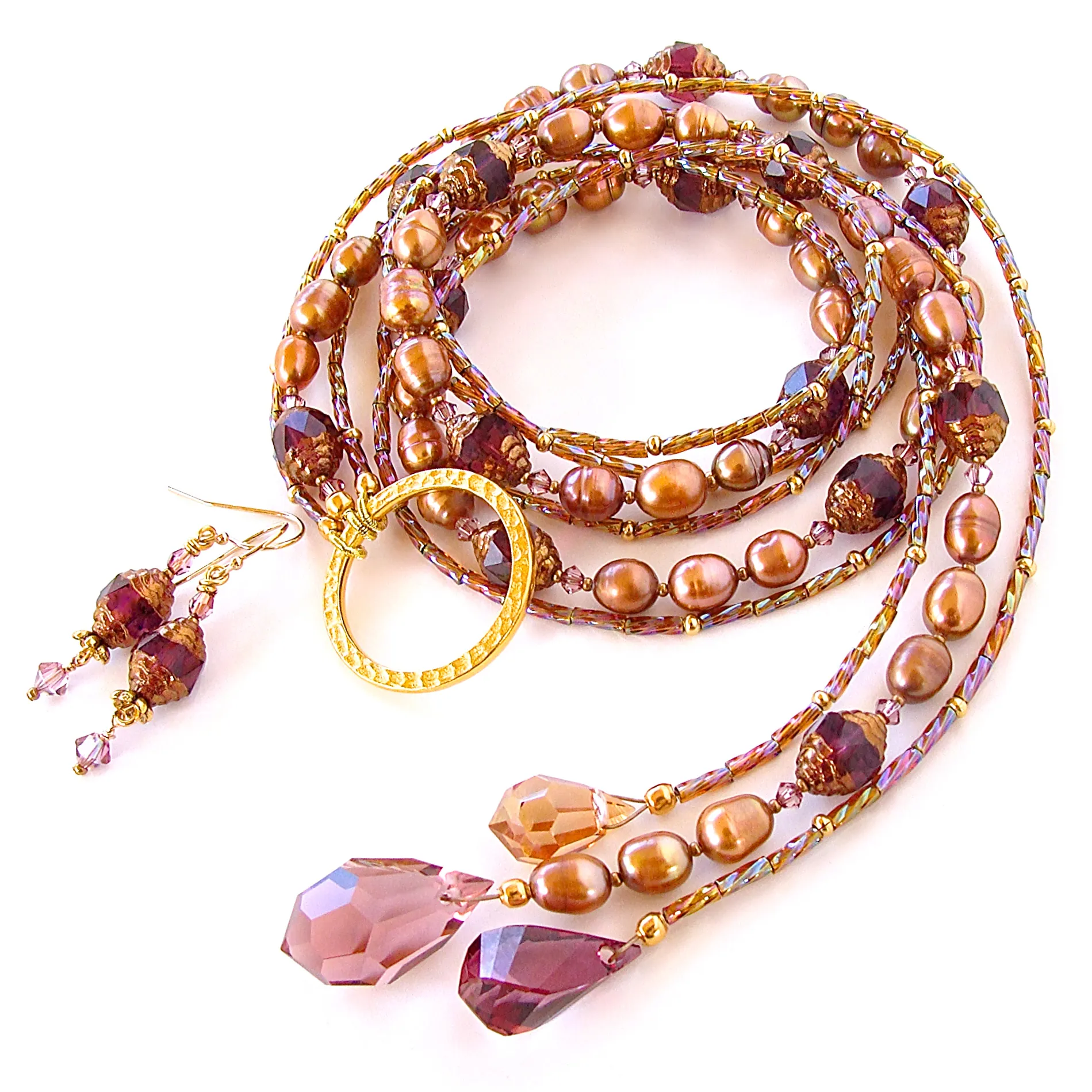 Majestic Moon: Crystal Lariat Necklace Set in Purple and Bronze