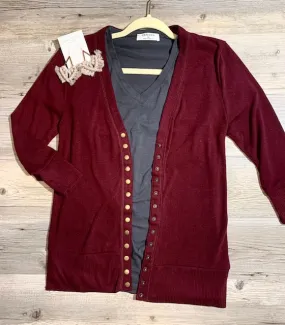 Maroon Snap Button 3/4 Sleeve Cardigan Sweater