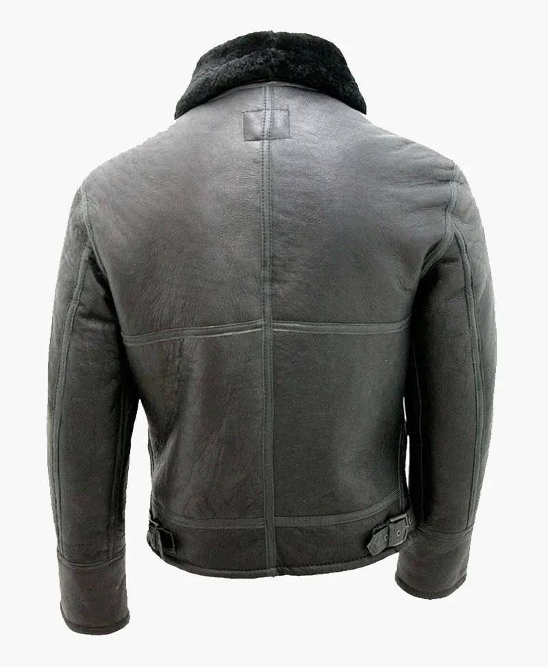 Men's Black Air Force Genuine Leather Jacket with Elegant Fur Collar