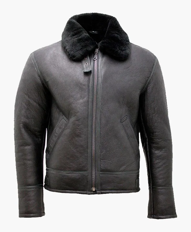 Men's Black Air Force Genuine Leather Jacket with Elegant Fur Collar