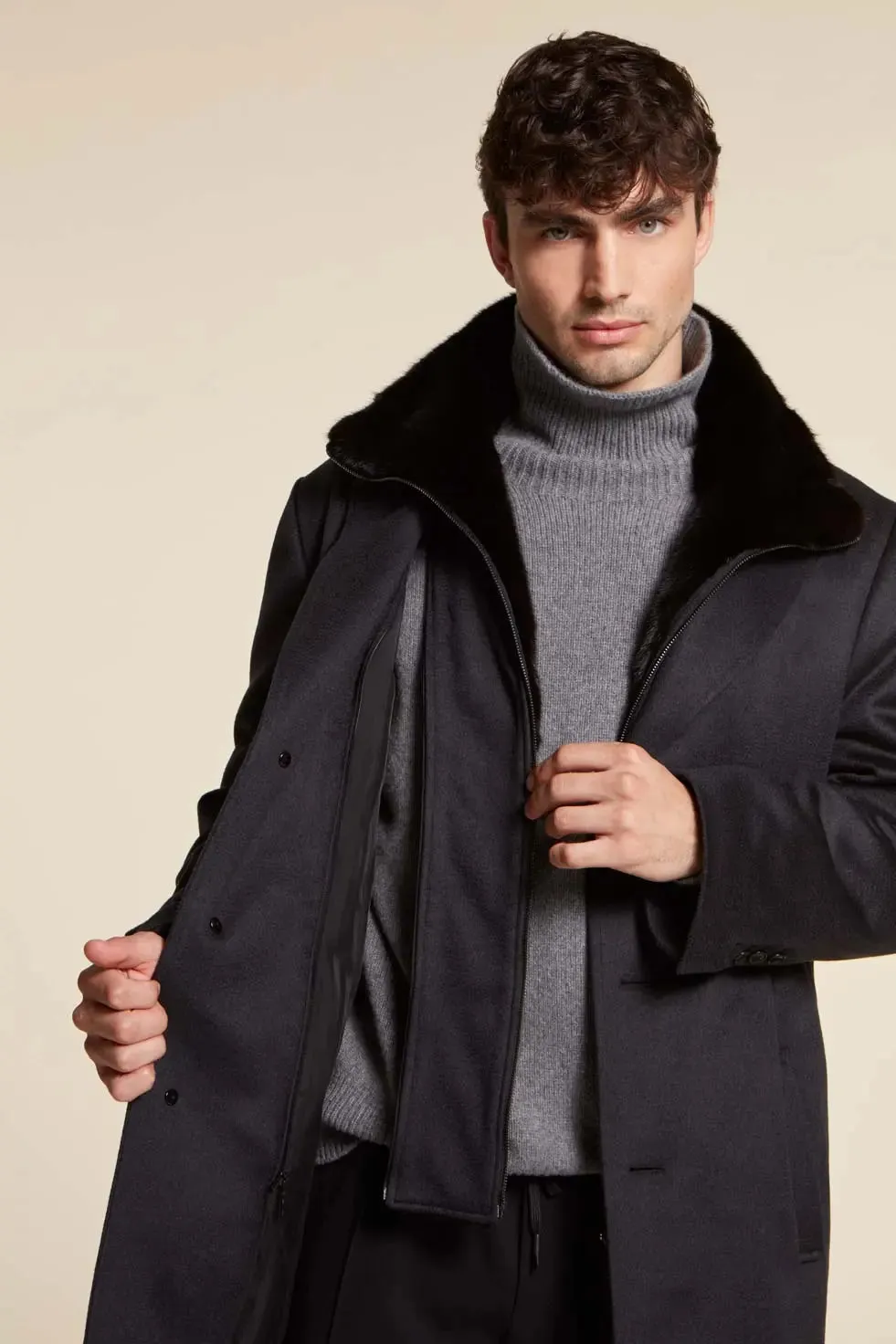 Mens cashmere coat with mink