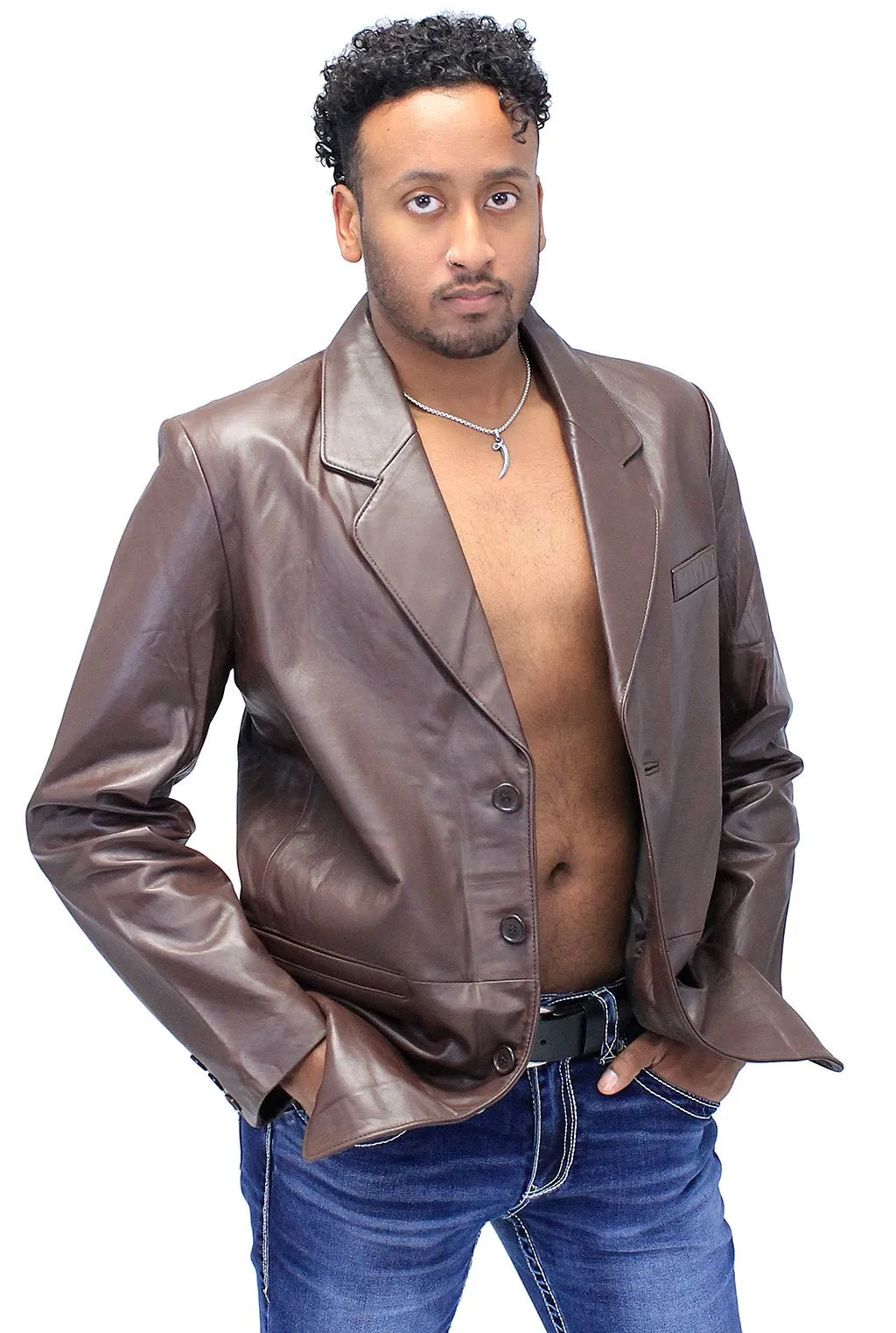 Men's Chocolate Brown Button Lambskin Leather Blazer #M1181N