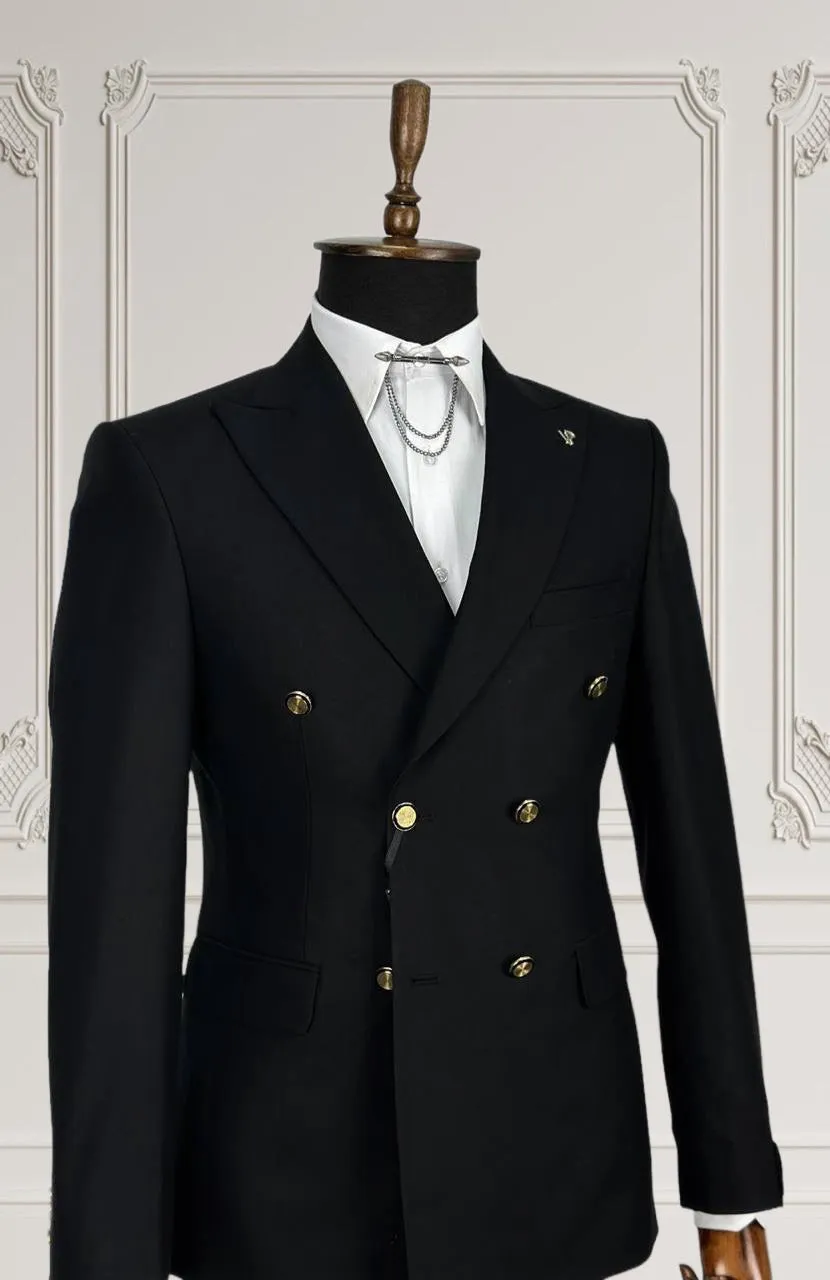 Mens Double Breasted Black Suit Peak Lapel | Gold Buttons