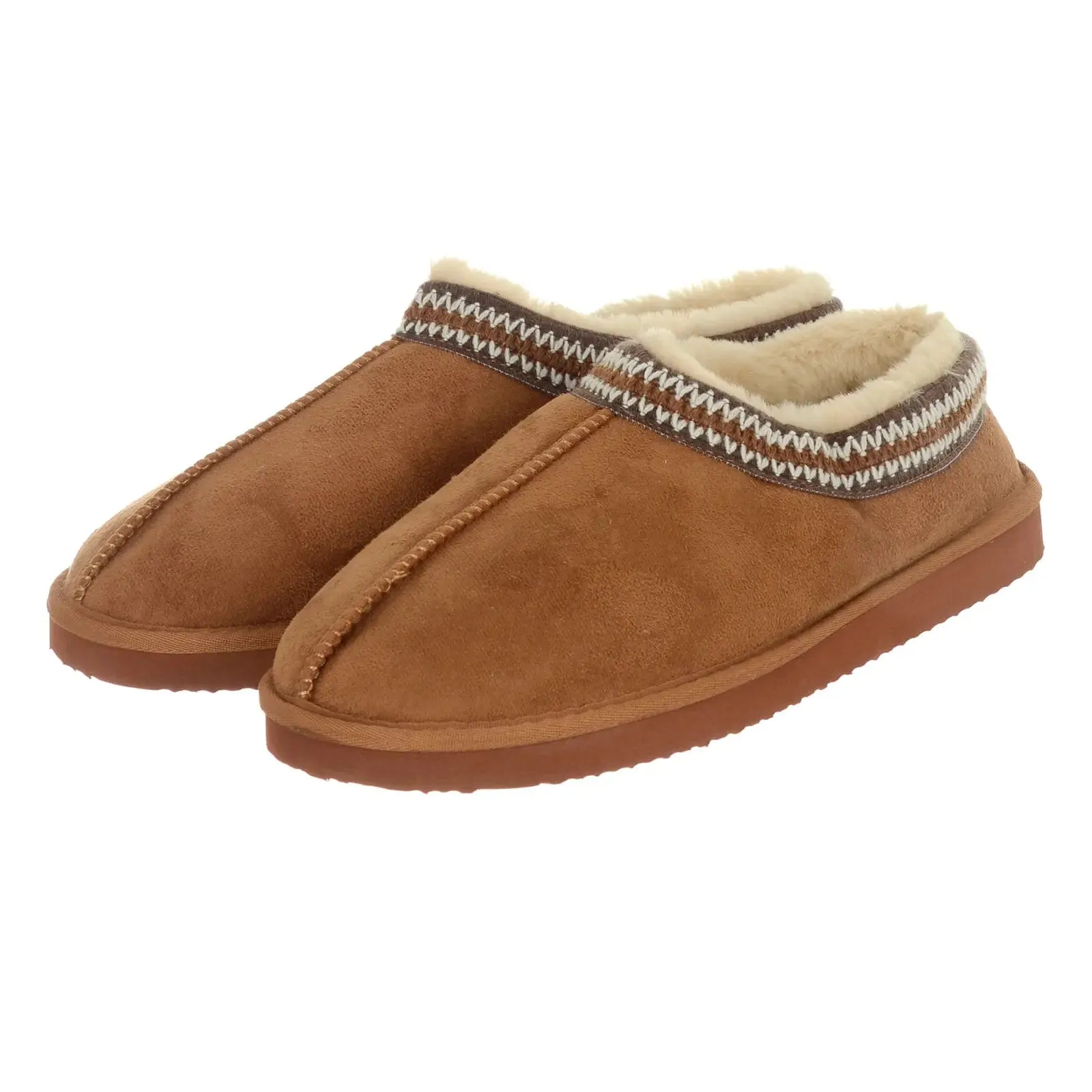 Mens Luxe Plush Lined Mule Slippers Firm Sole Microsuede Tan