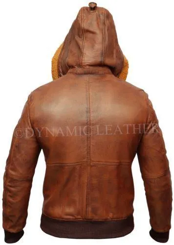 Mens Retro Brown Hooded Fur Real Leather Bomber Jacket