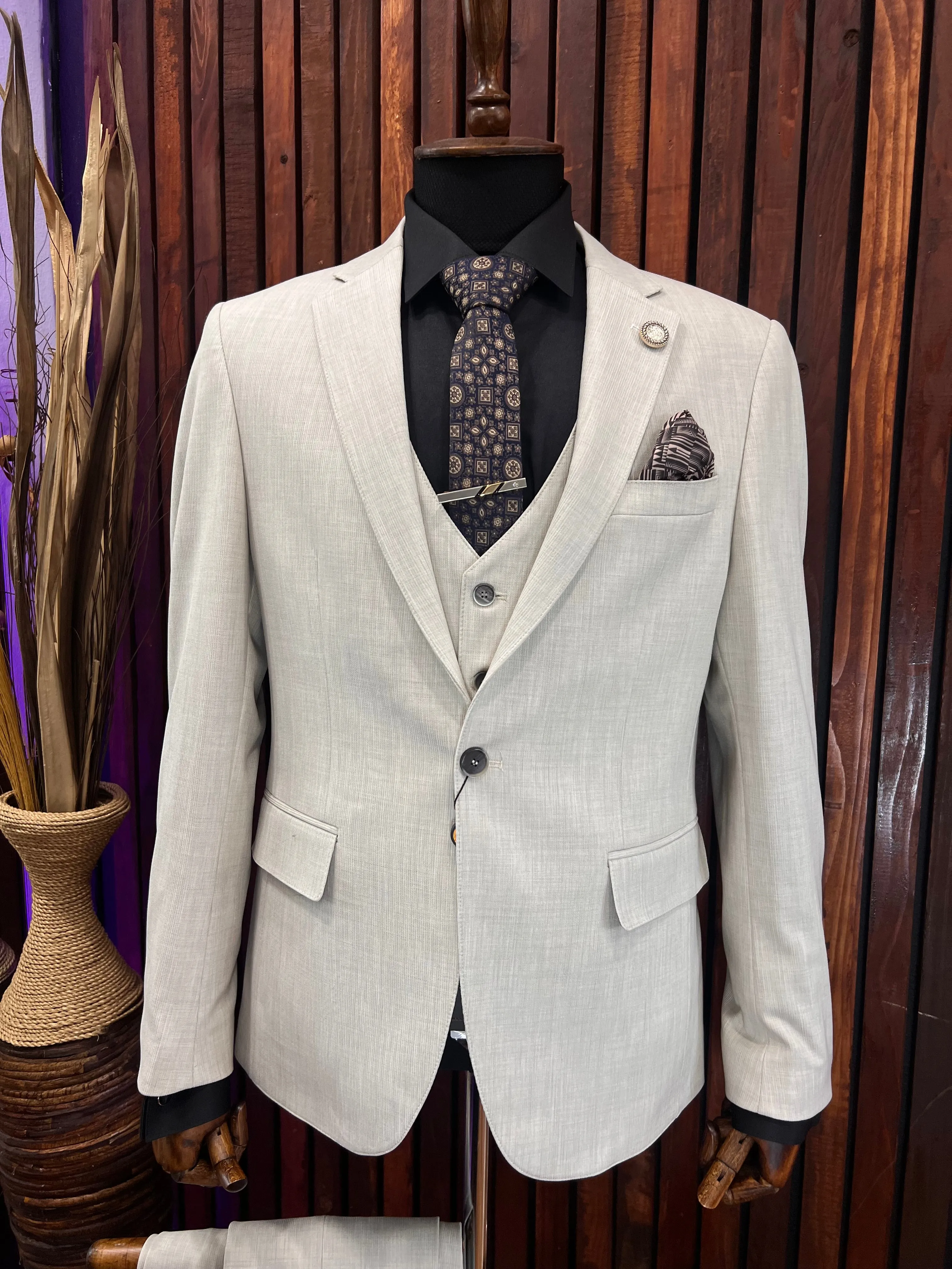 Mens Slim Fit Beige Suit | 3 Piece Suit premium 4 way stretch