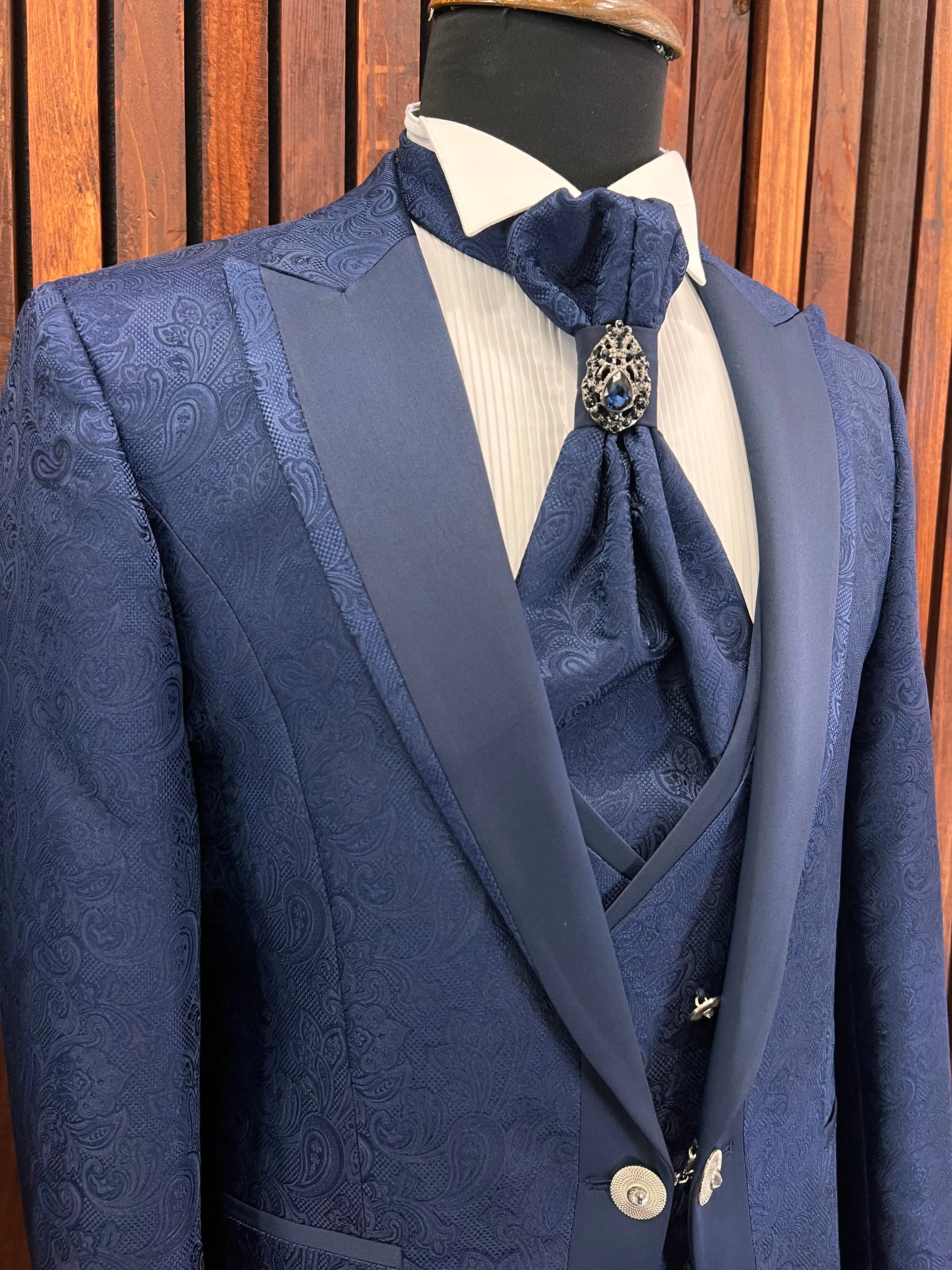 Mens Slim Fit Blue Tuxedo | Peak Lapel Floral Tuxedo | Wedding & Special Events