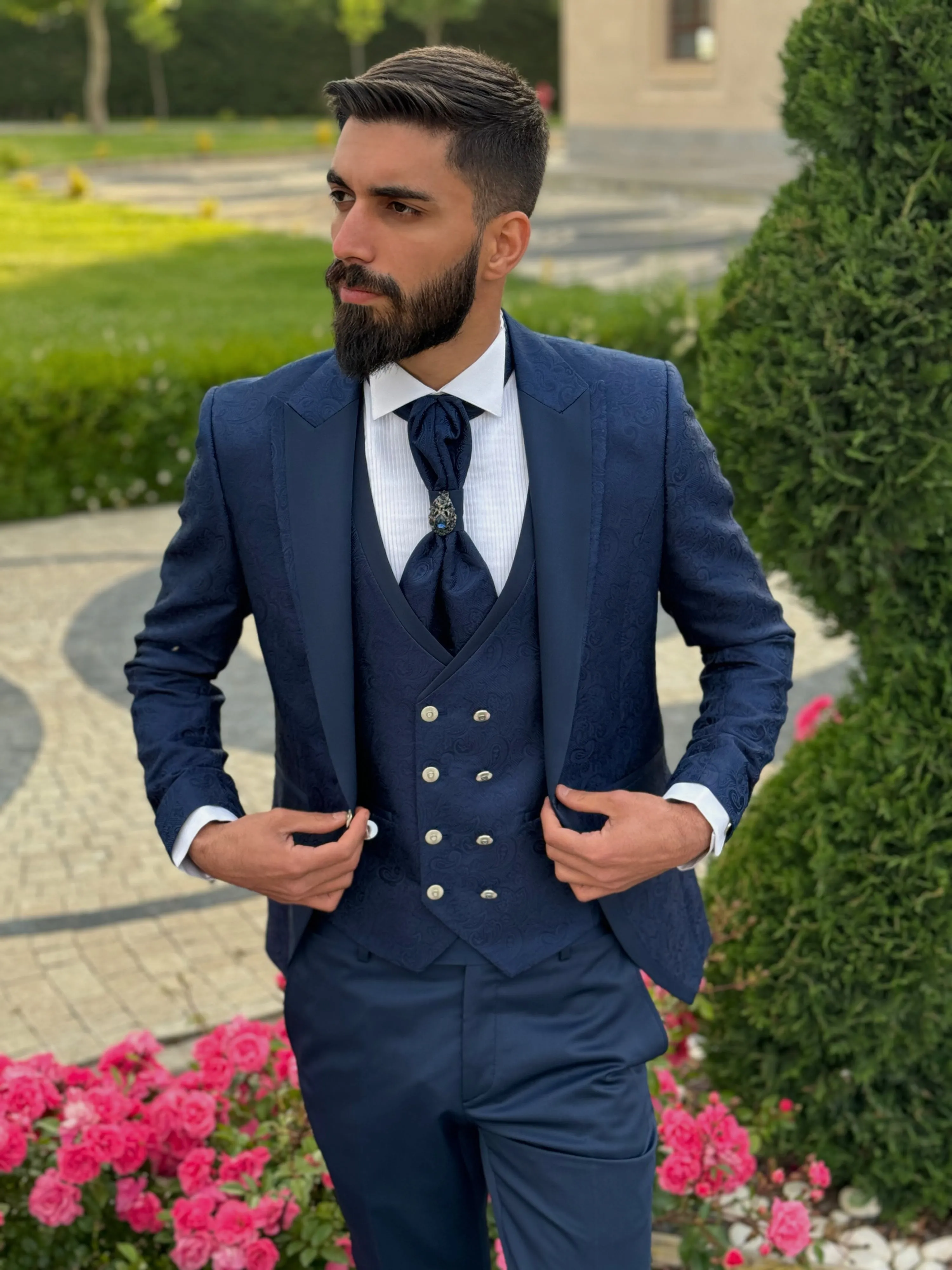 Mens Slim Fit Blue Tuxedo | Peak Lapel Floral Tuxedo | Wedding & Special Events