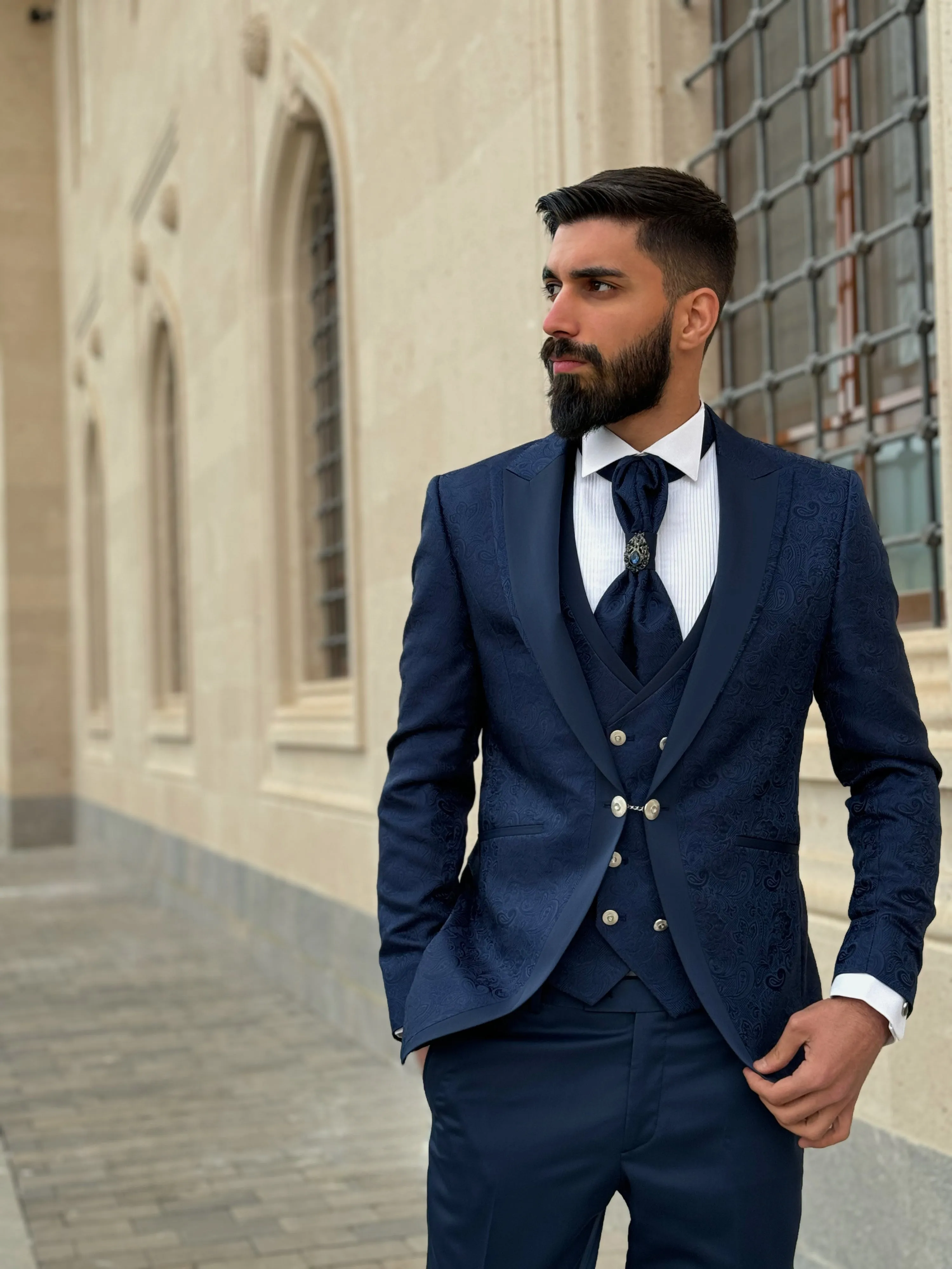 Mens Slim Fit Blue Tuxedo | Peak Lapel Floral Tuxedo | Wedding & Special Events