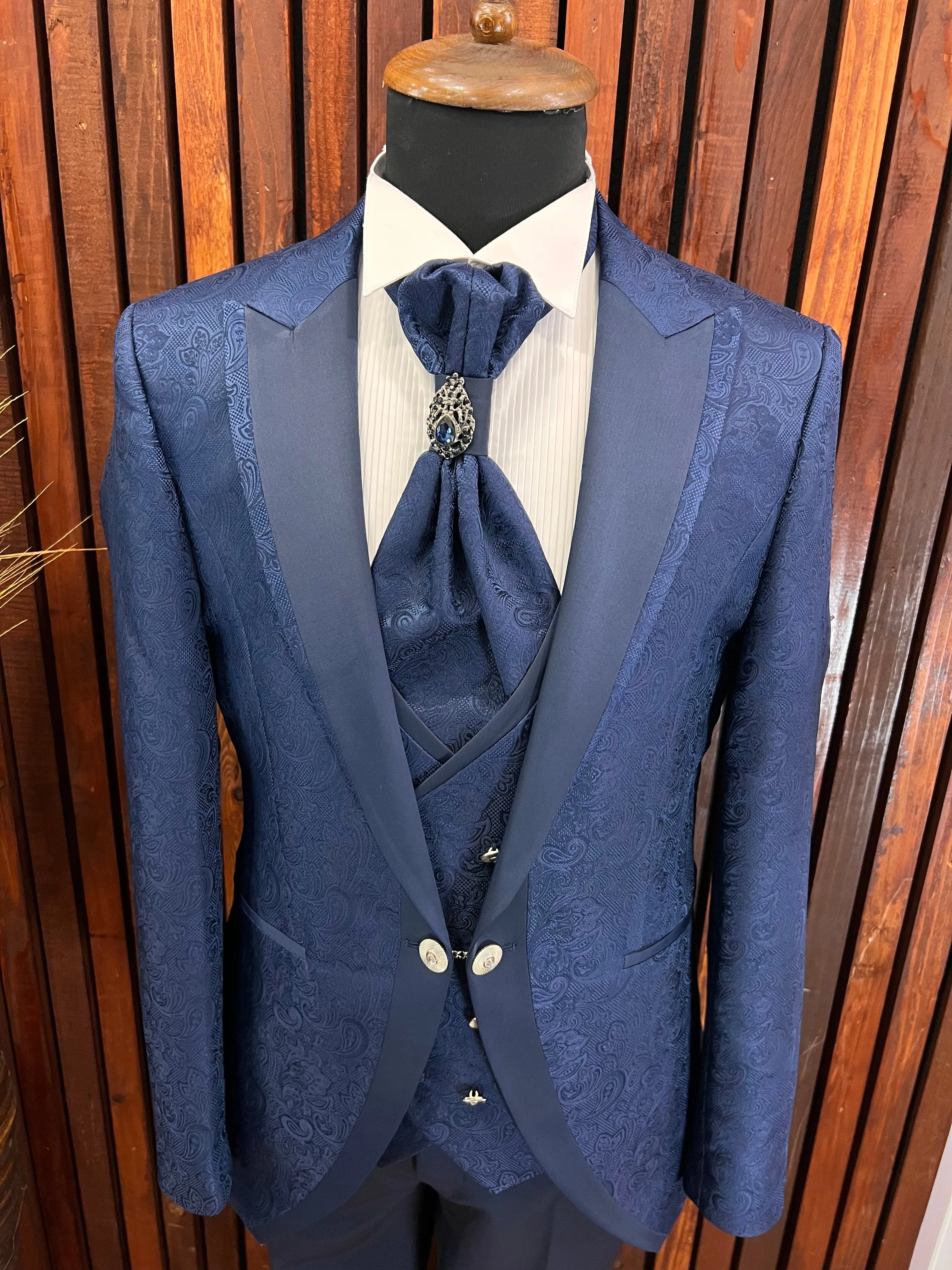 Mens Slim Fit Blue Tuxedo | Peak Lapel Floral Tuxedo | Wedding & Special Events