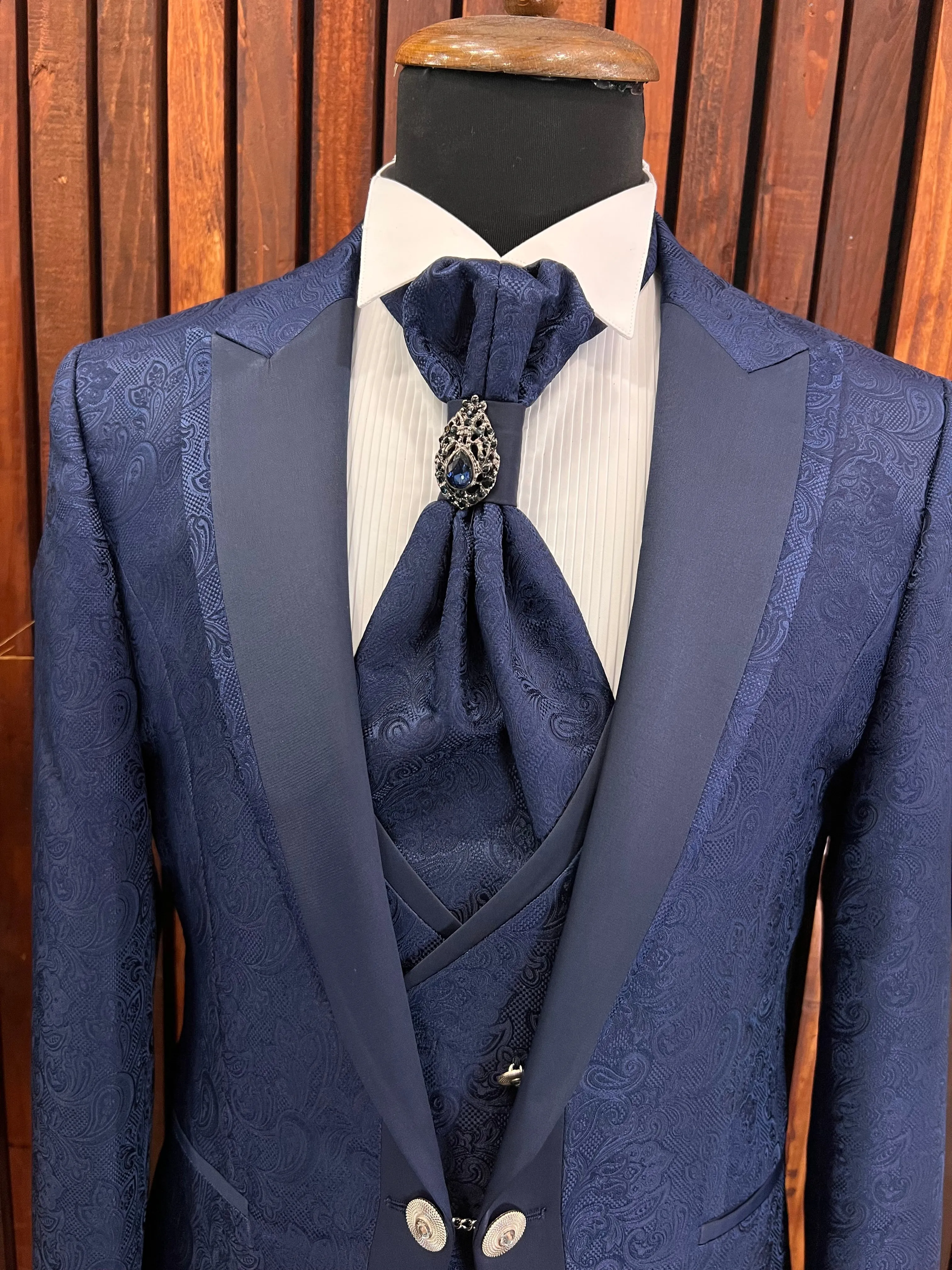 Mens Slim Fit Blue Tuxedo | Peak Lapel Floral Tuxedo | Wedding & Special Events