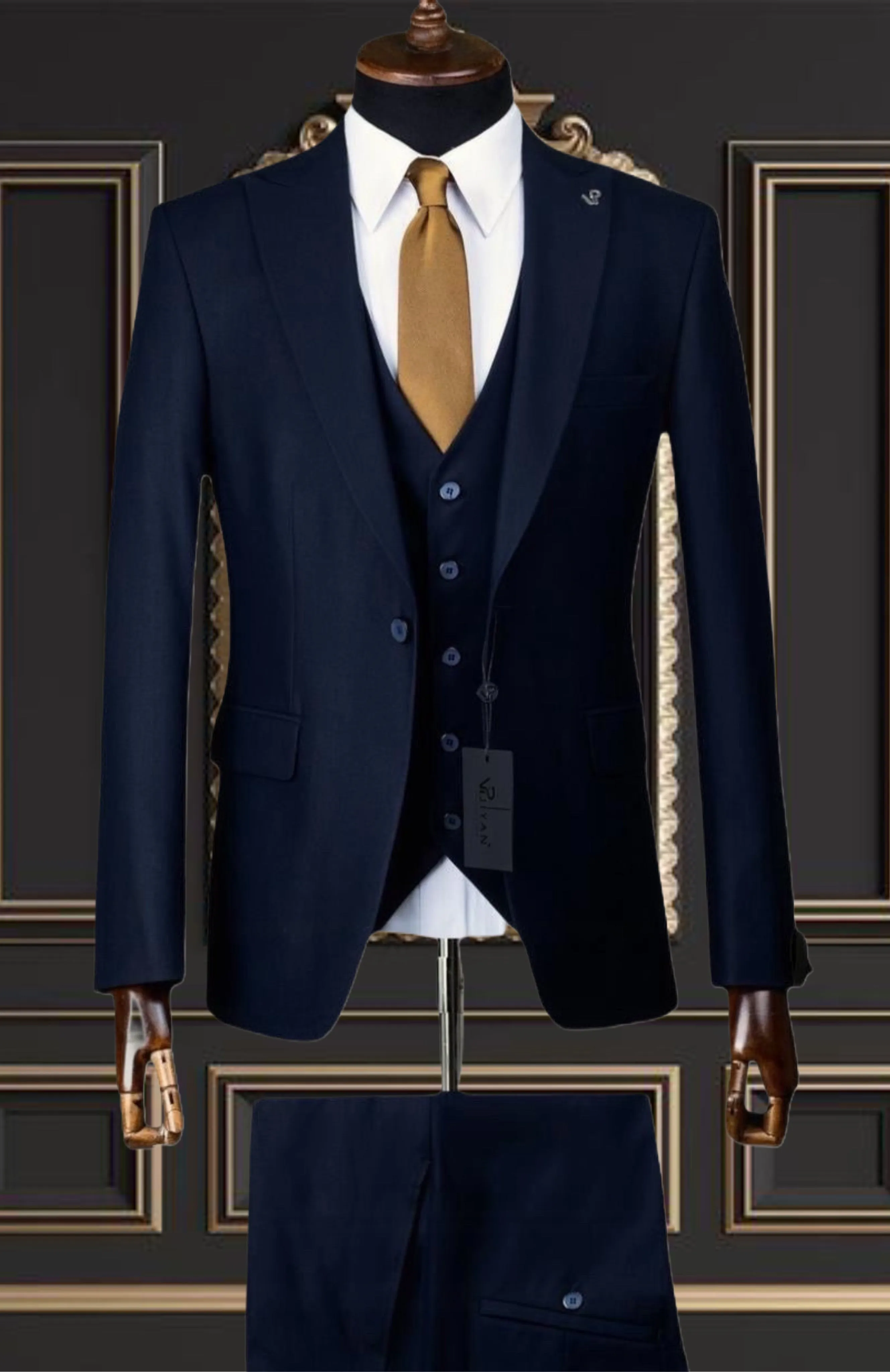 Mens Slim Fit Navy Blue 3 Piece suit Peak Lapel