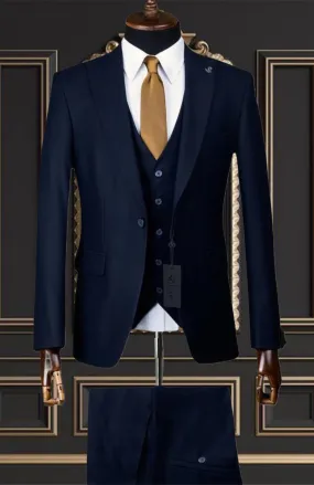 Mens Slim Fit Navy Blue 3 Piece suit Peak Lapel