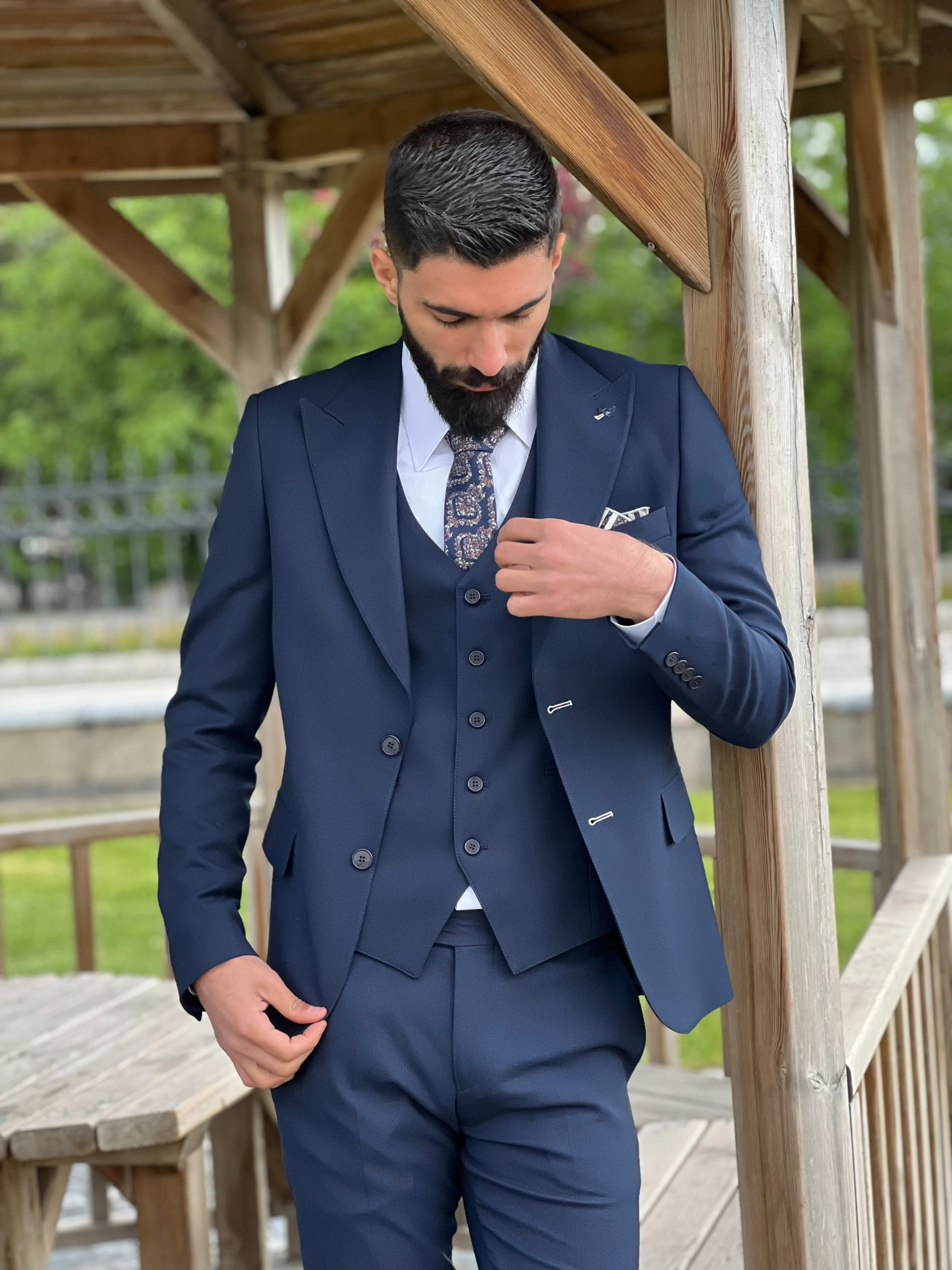 Mens Slim Fit Navy Blue Color Suit | 3 Piece Wool Suit premium 4 way stretch