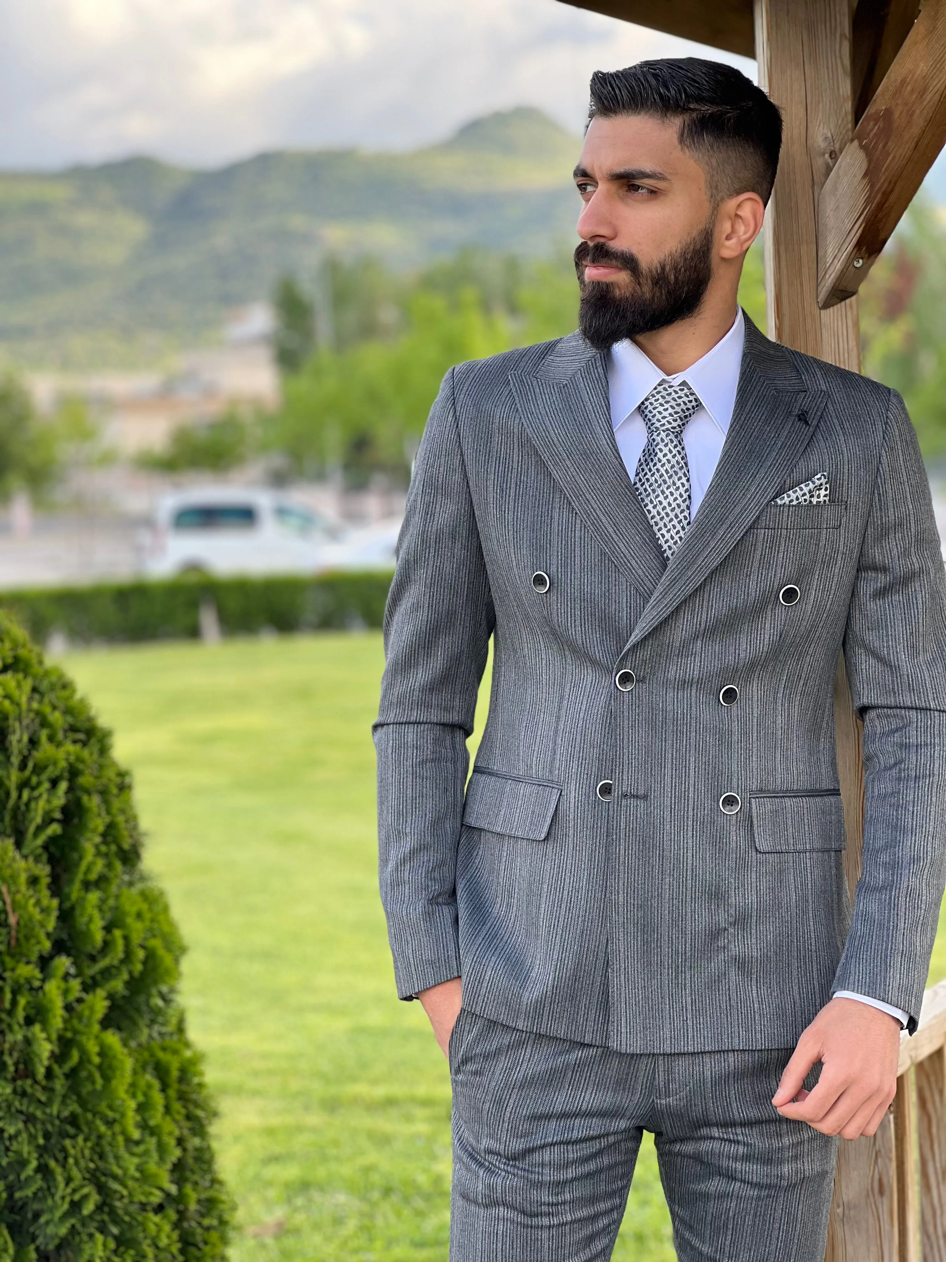 Mens Slim Fit stripped Gray Suit | Double Breasted Wool Suit premium 4 way stretch