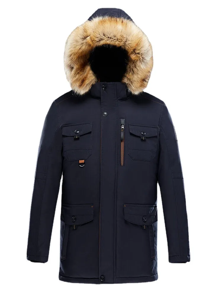 Mens Thicken Multi Pocket Faux Fur Collar Hooded Windproof Warm Mid-Length Coats