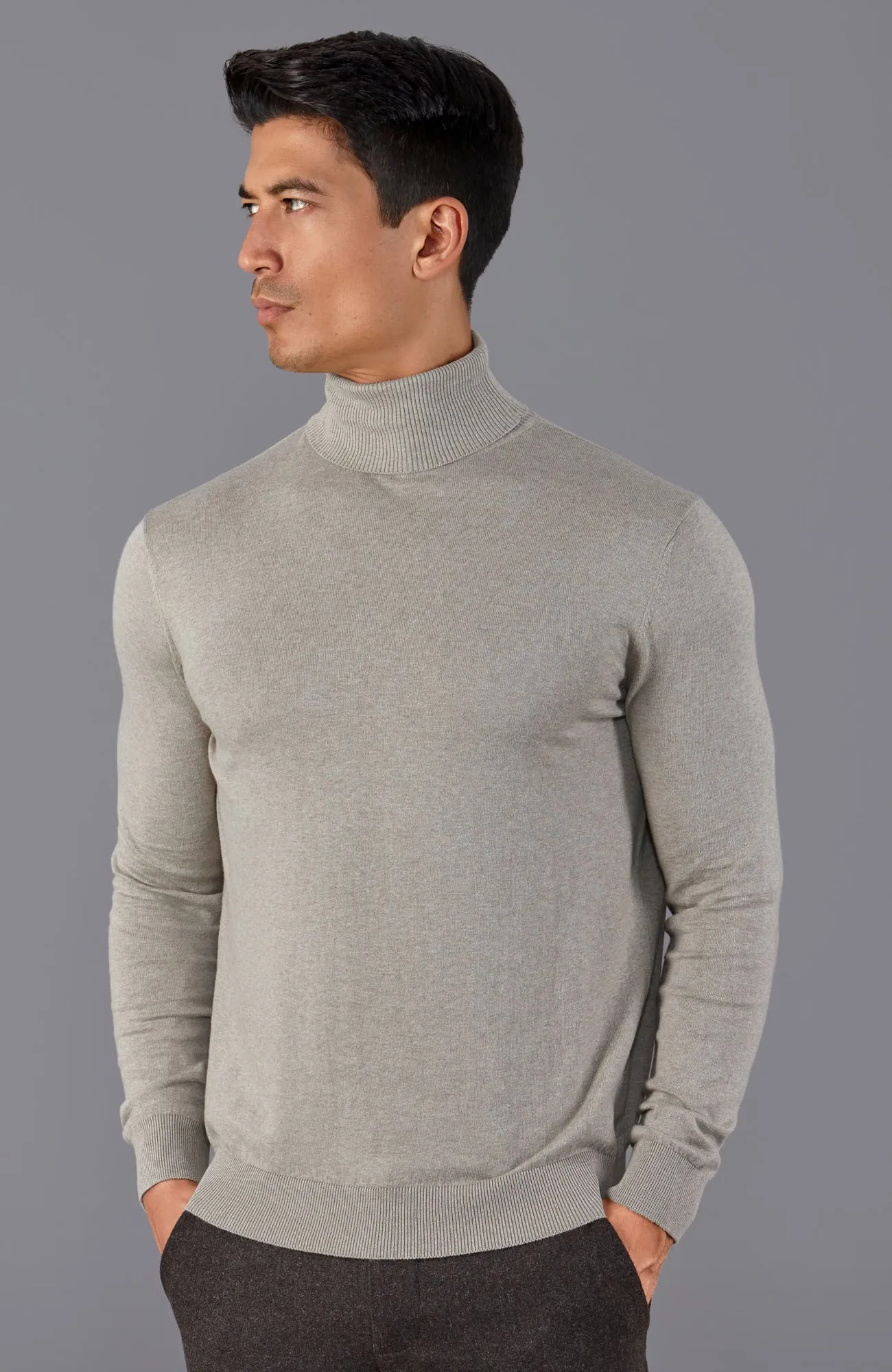 Mens Ultra Fine Cotton Roll Neck Jumper