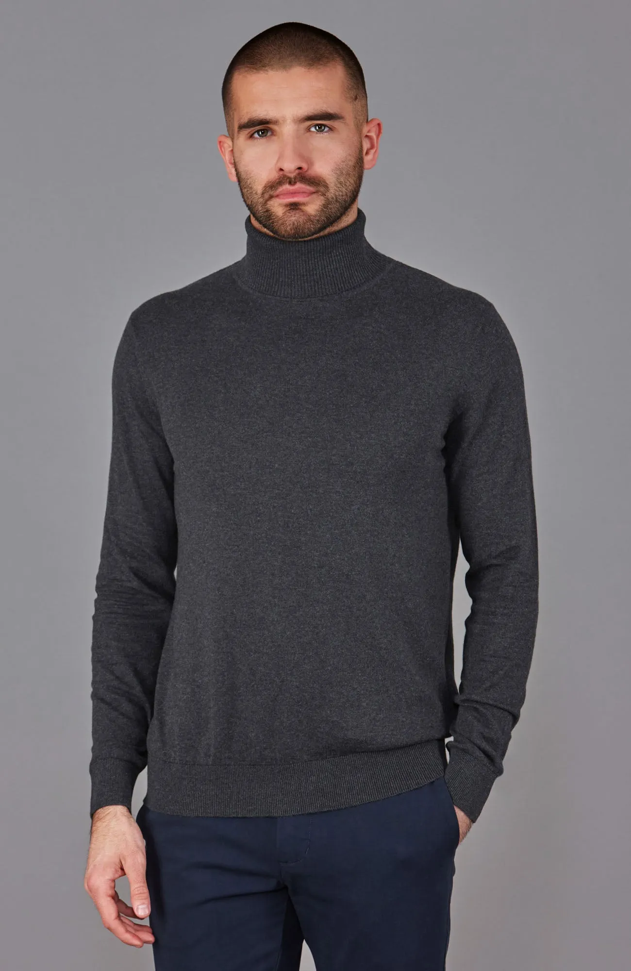 Mens Ultra Fine Cotton Roll Neck Jumper