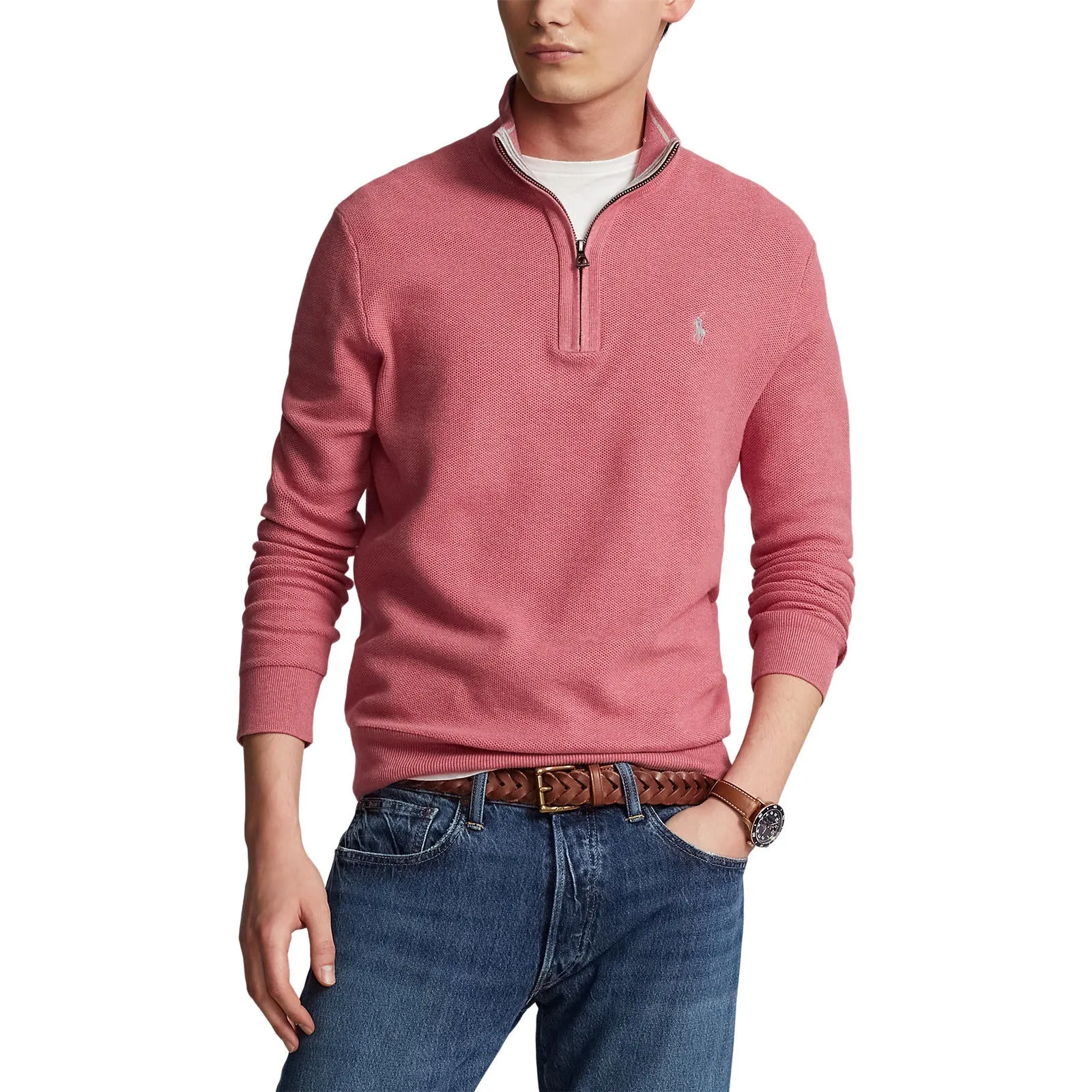 Mesh-Knit Cotton Quarter-Zip Sweater - Red Sky Heather