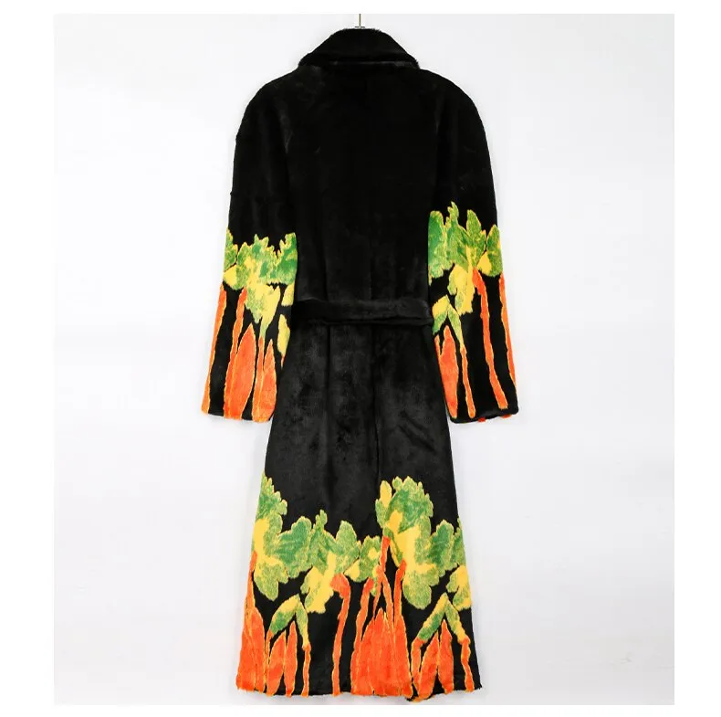 Multicolor Floral Faux Mink Fur Trench Coat