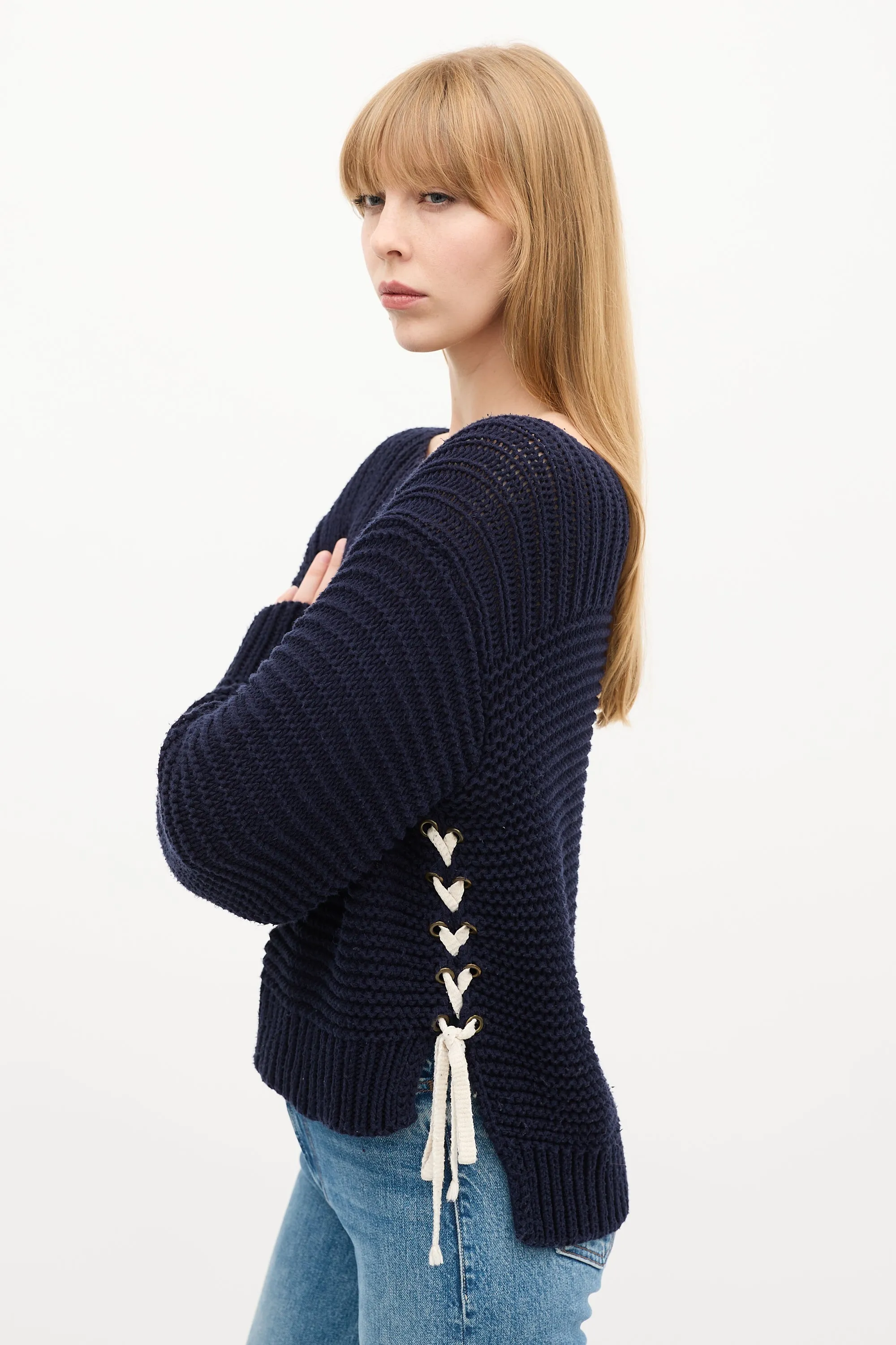 Navy Knit Lace Up Elliot Sweater