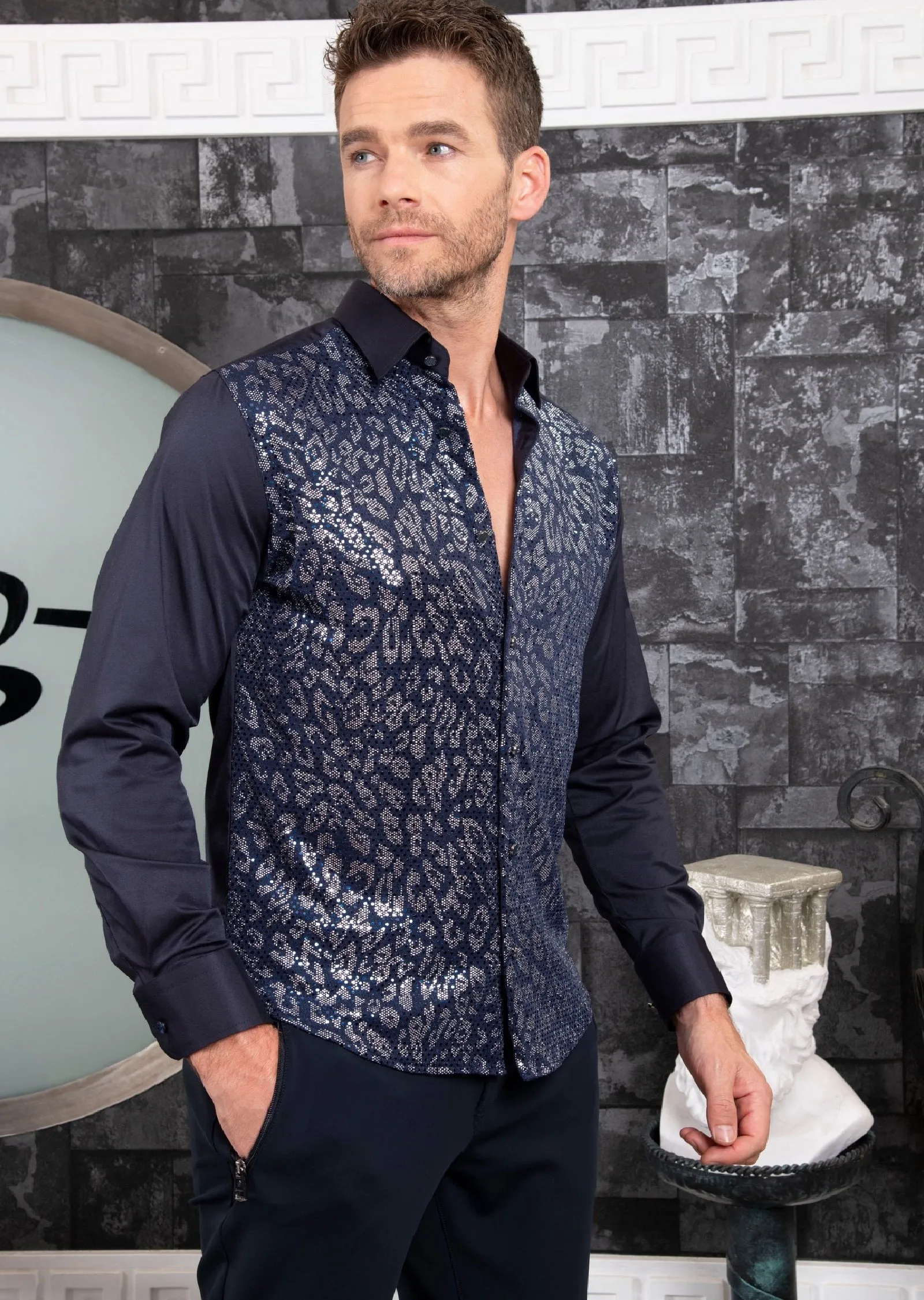 Navy Silver Leopard Sequin Luxe Shirt