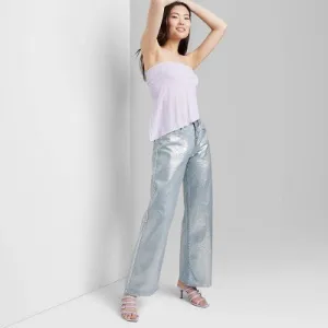 New - Women's High-Rise Wide Leg Coated Baggy Jeans - Wild Fable Silver Metallic 8