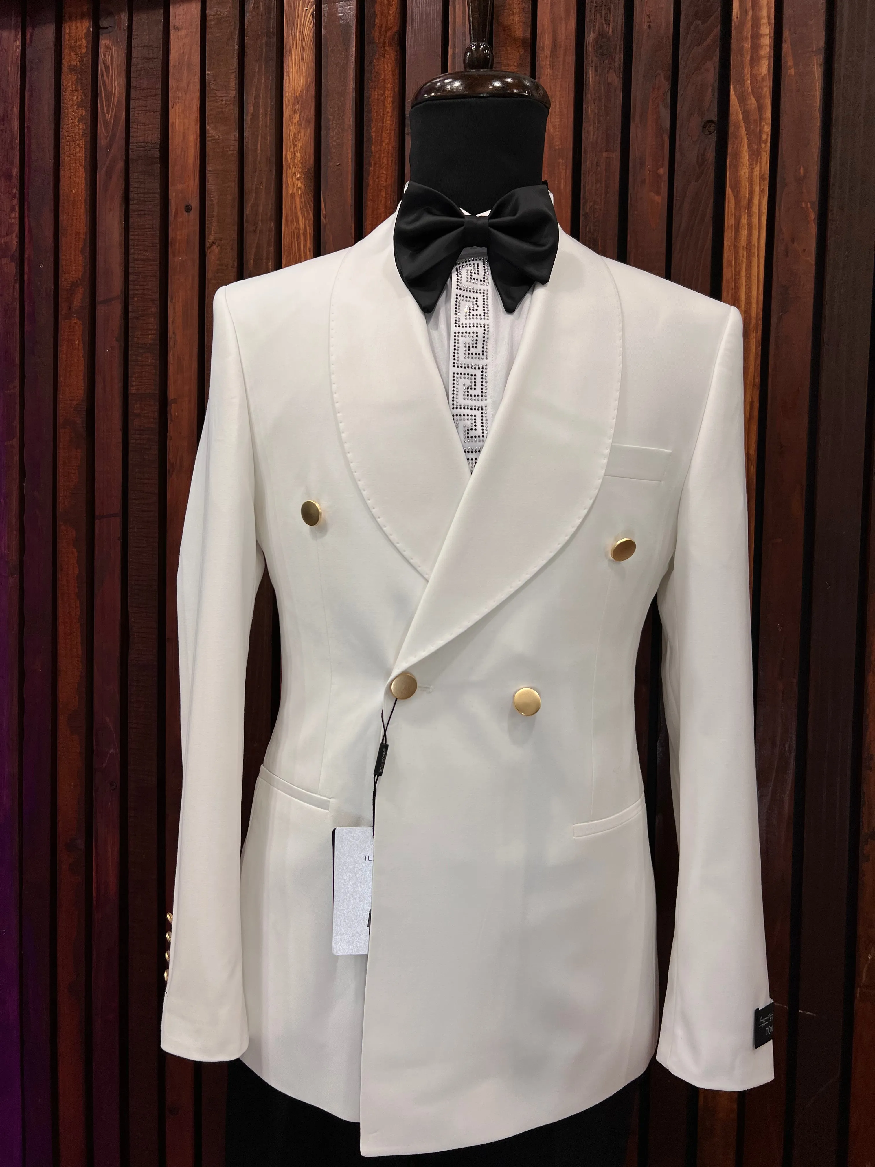 Off White Double Breasted Tuxedo Gold Buttons | Slim Fit |