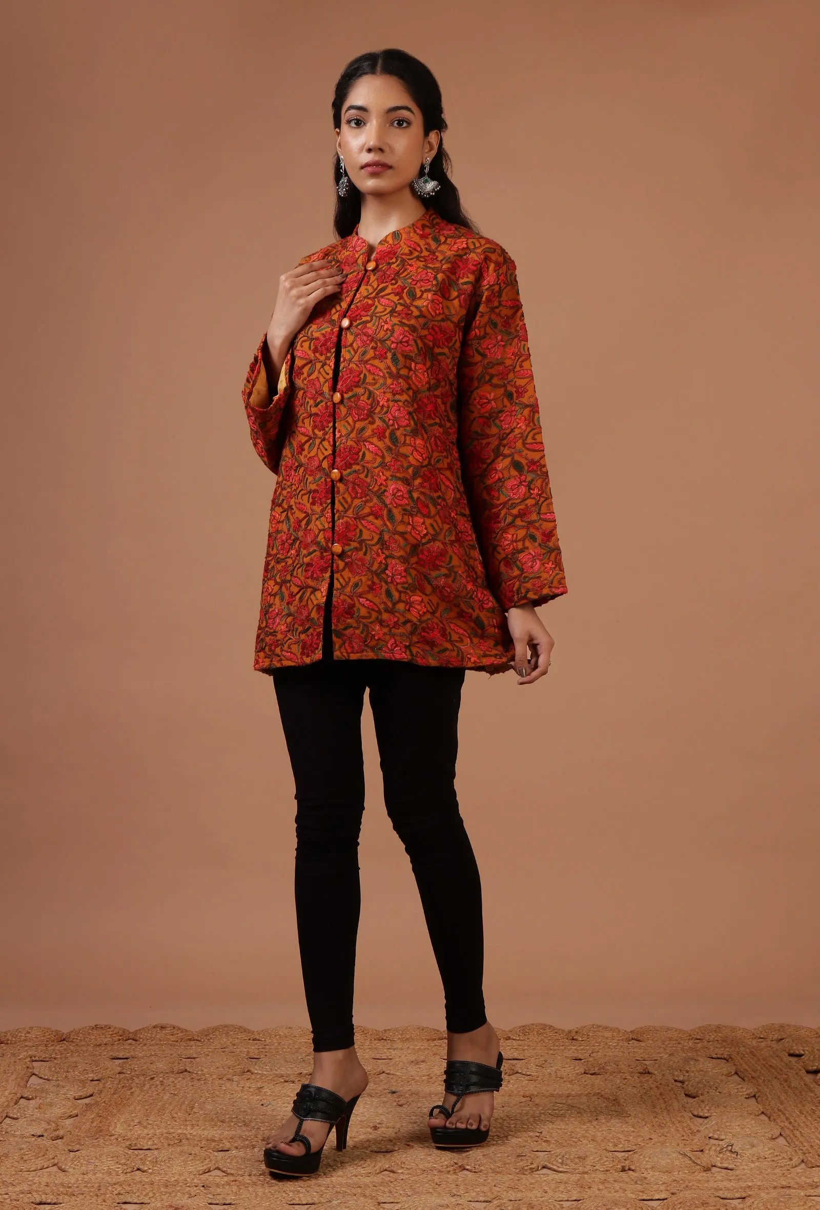 Orange & Multicolor Ari Embroidered Kani Short Jacket