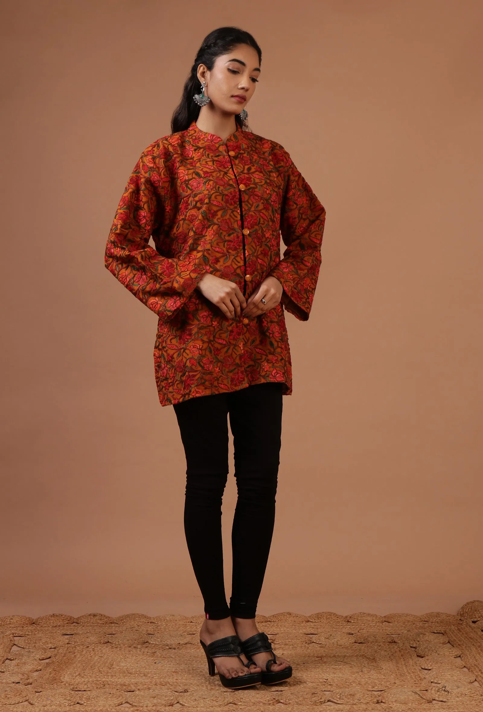 Orange & Multicolor Ari Embroidered Kani Short Jacket