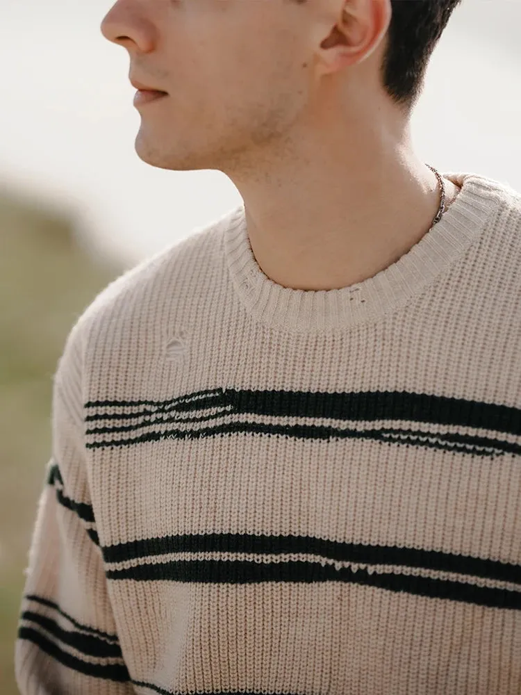 Oversize Striped Sweater Men Ripped Hole Knits Pullovers