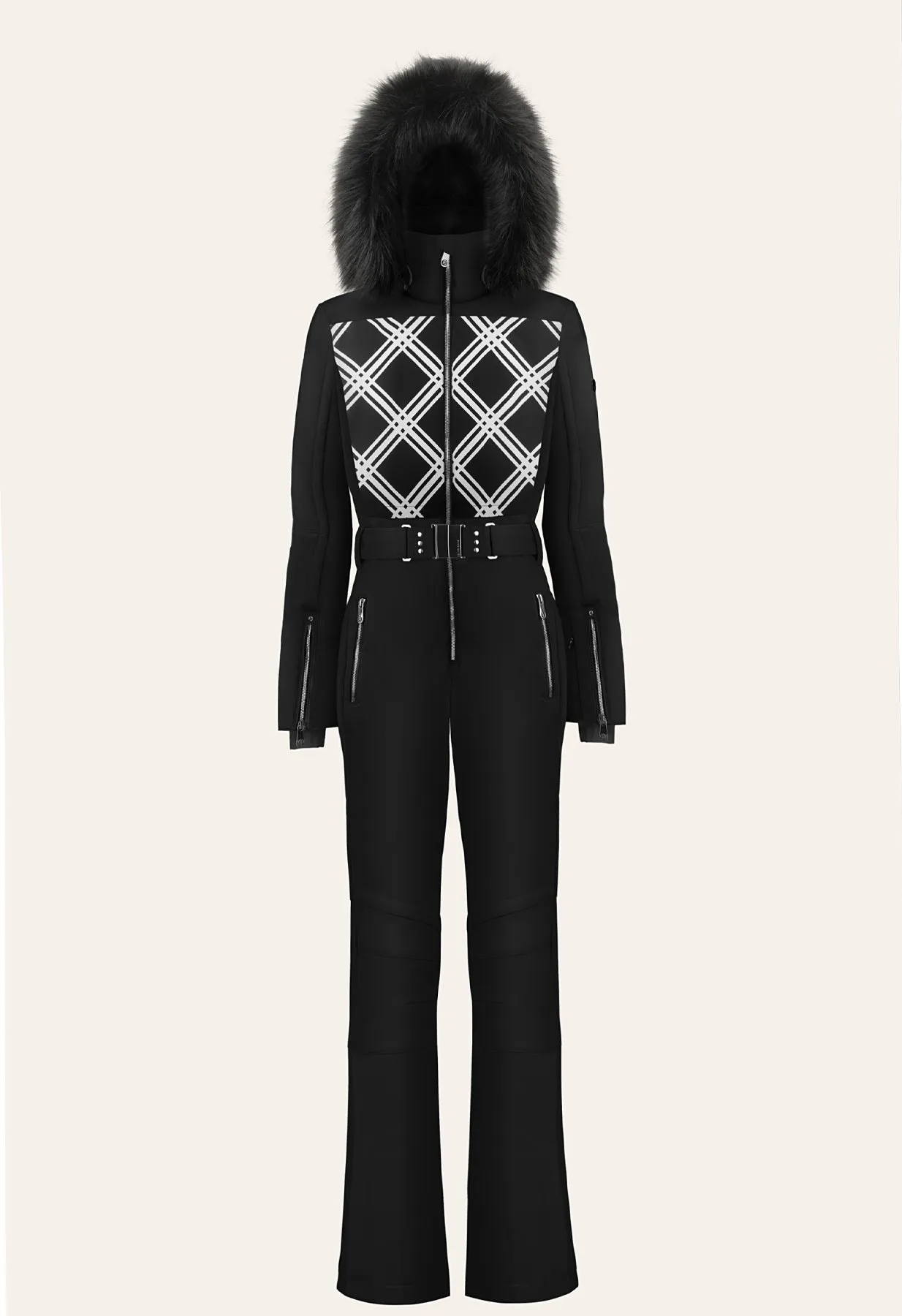 Poivre Blanc Ski Suit in Black and White with Faux Fur W24-0831