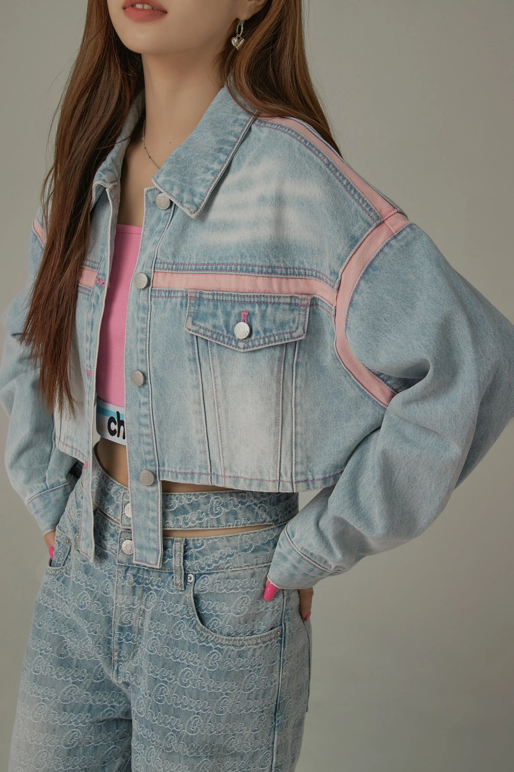 Pop Of Color Cropped Denim Jacket