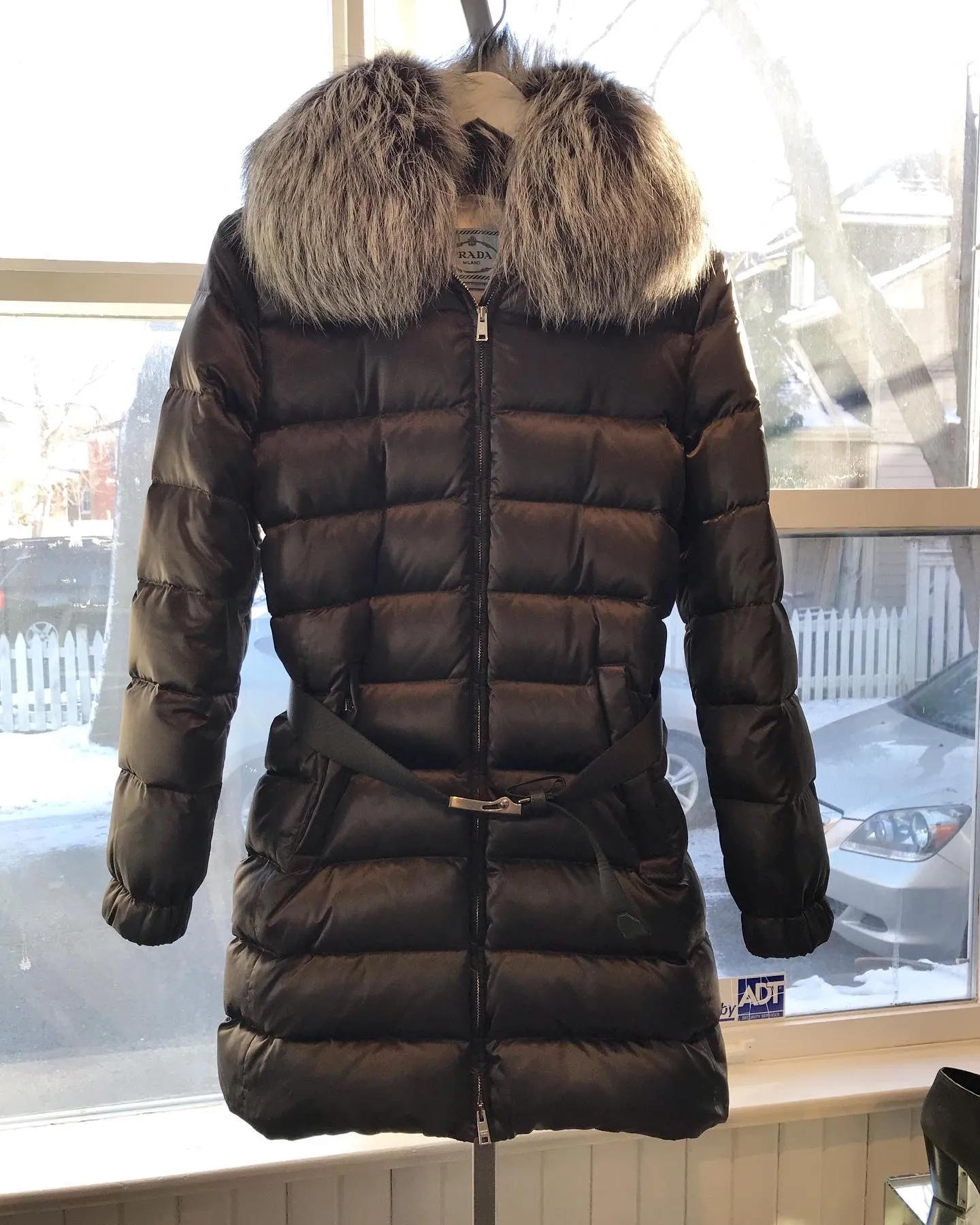 PRADA Puffer Down Coat With Silver Fox Fur Collar and Detachable Hood