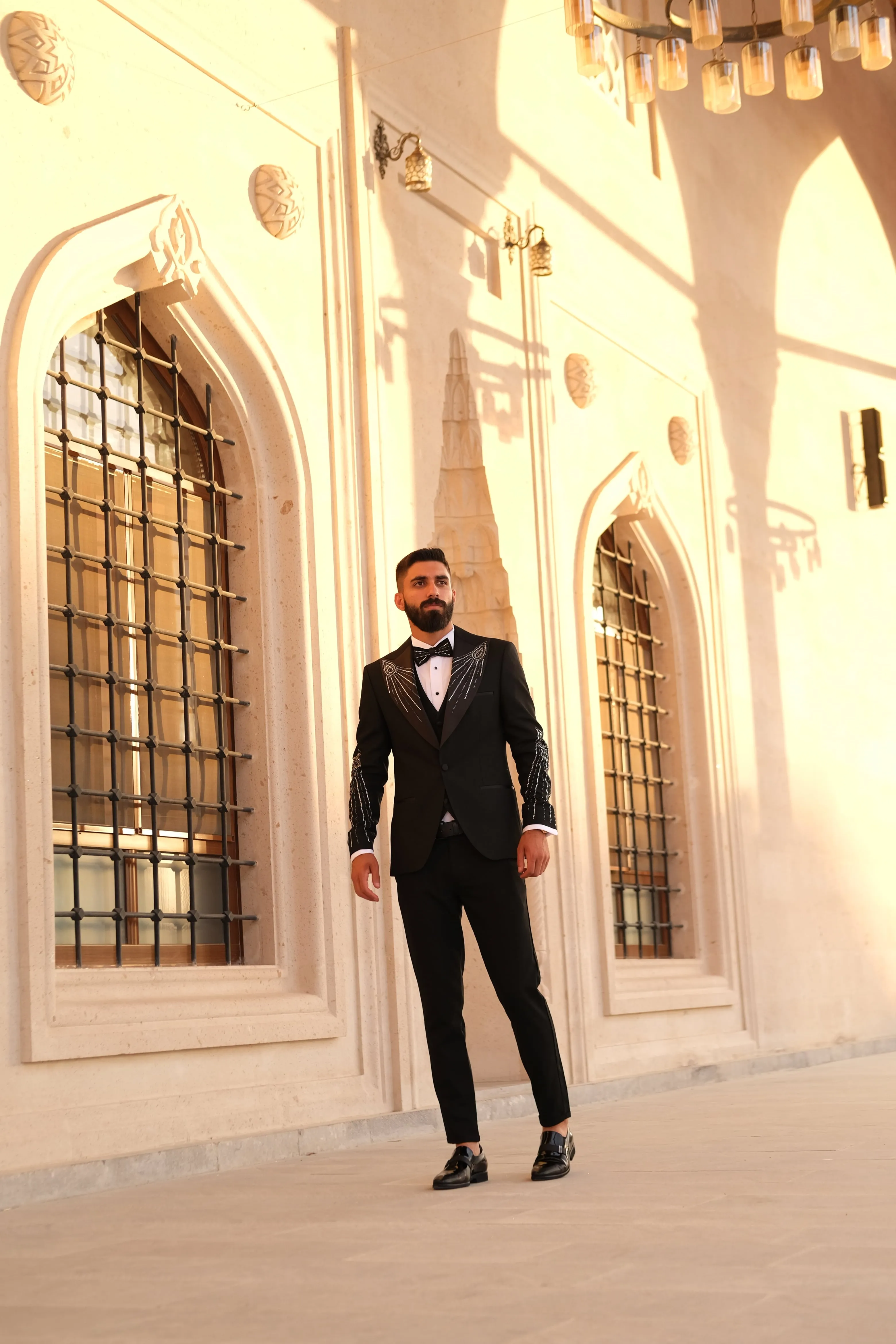 Premium Slim Fit Black Tuxedo with stone glitter design _ Peak Lapel