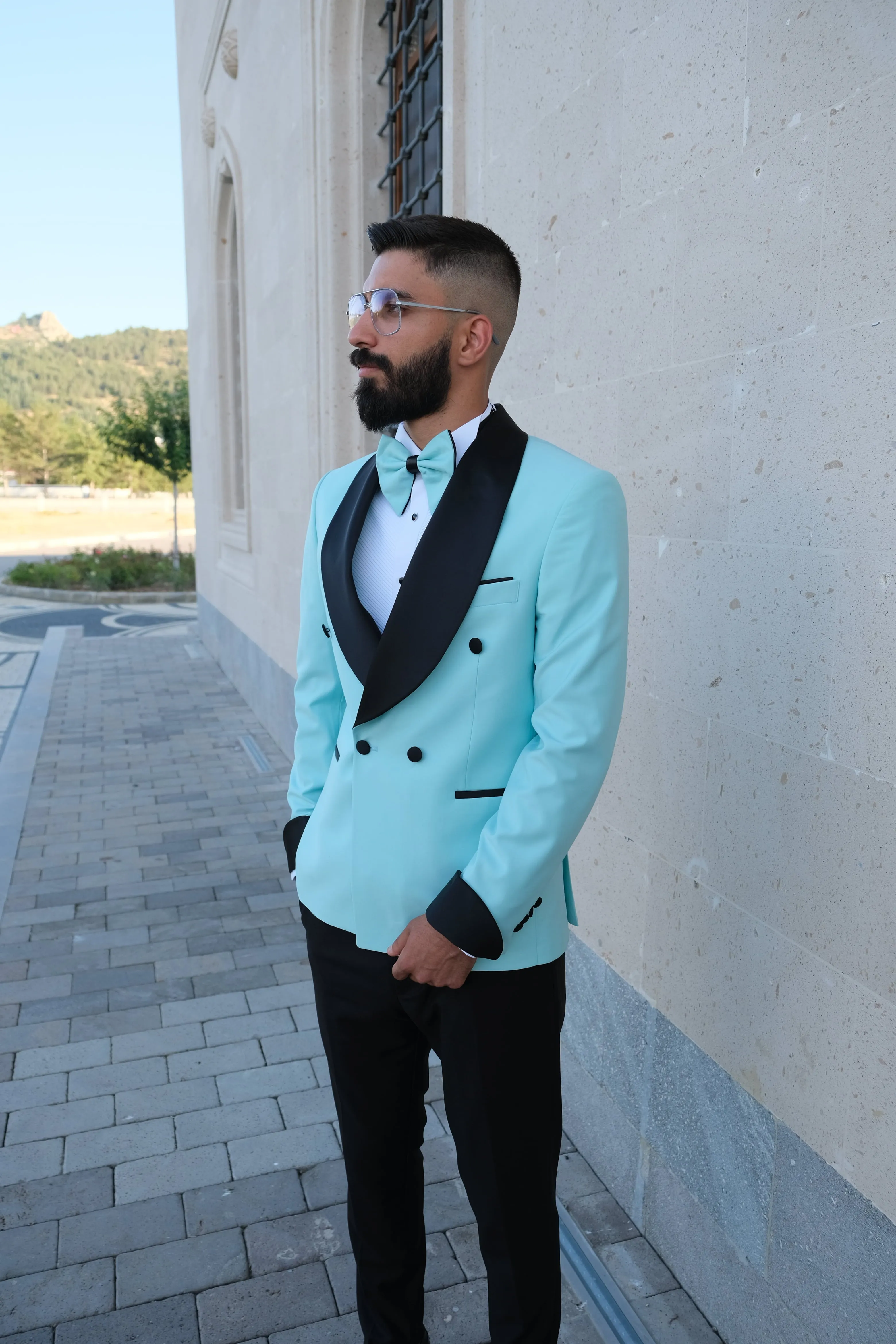 Premium Slim Fit Turquoise Color Wedding Tuxedo _ Shawl Lapel