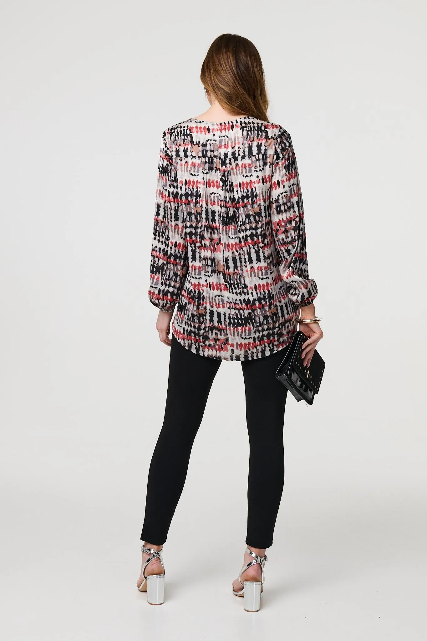 Printed Long Sleeve V-Neck Tunic Blouse