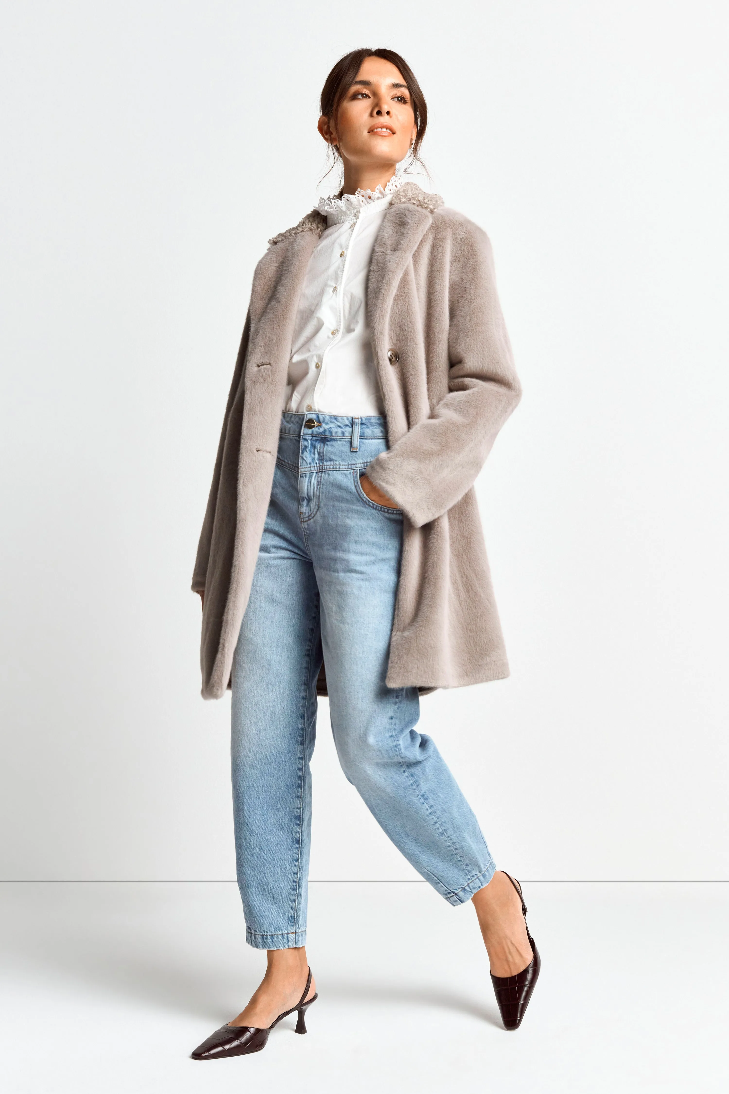 R&R Pebble Grey Faux Fur Coat