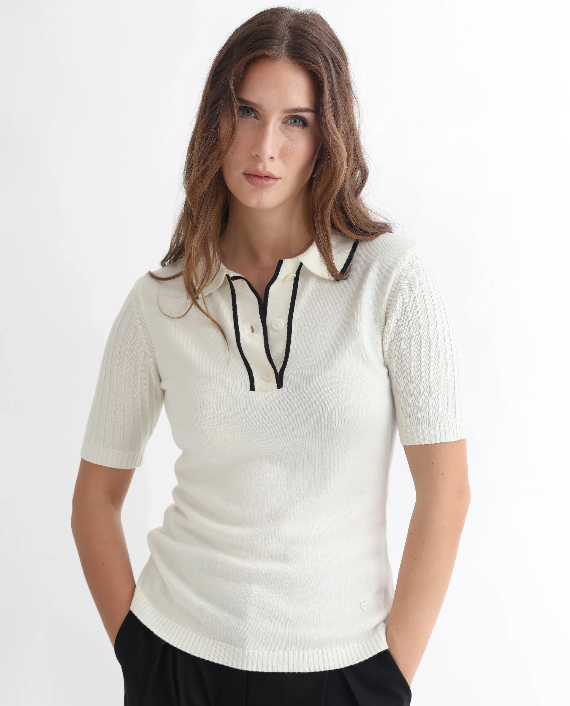 Rareism Women Knitup Off White  Half Sleeves Regular Fit Solid Shirt Collar Sweater